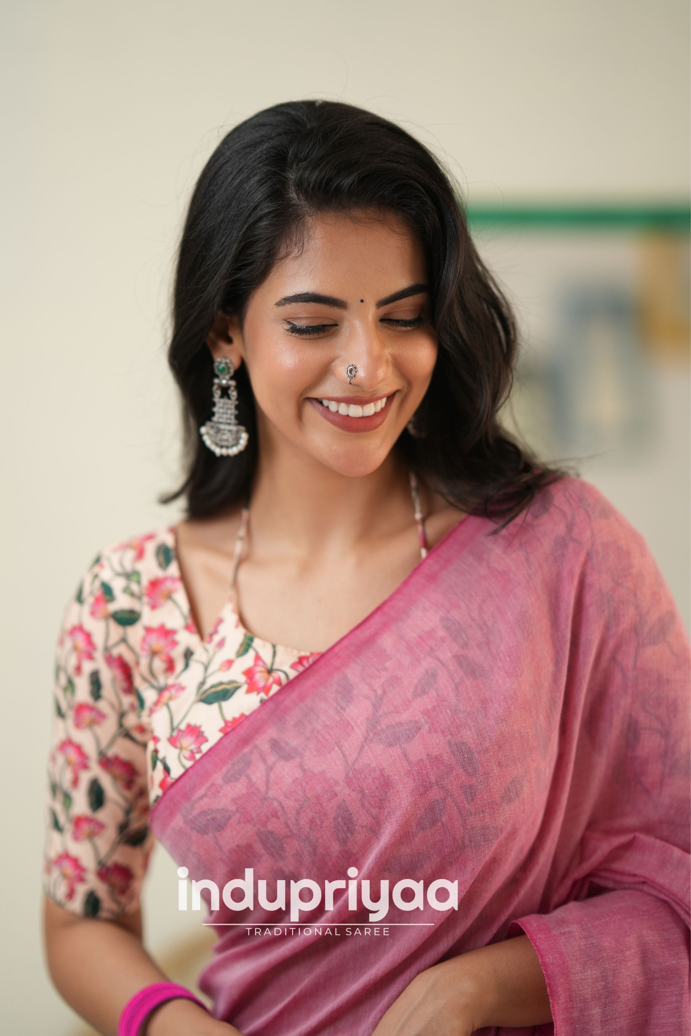 Light Pink  Handloom Khadi Cotton Saree With Pichwai Print Blouse
