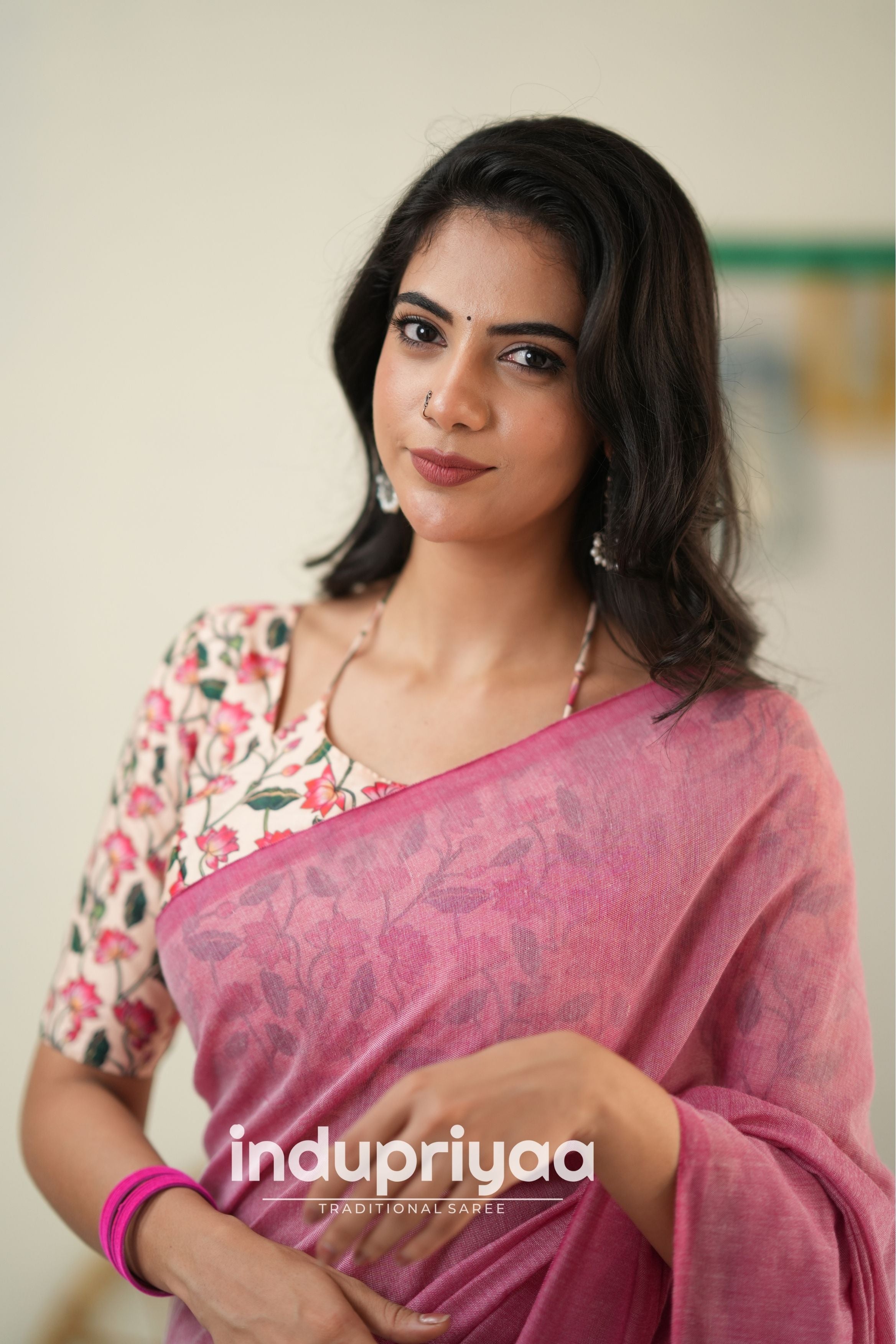 Light Pink  Handloom Khadi Cotton Saree With Pichwai Print Blouse