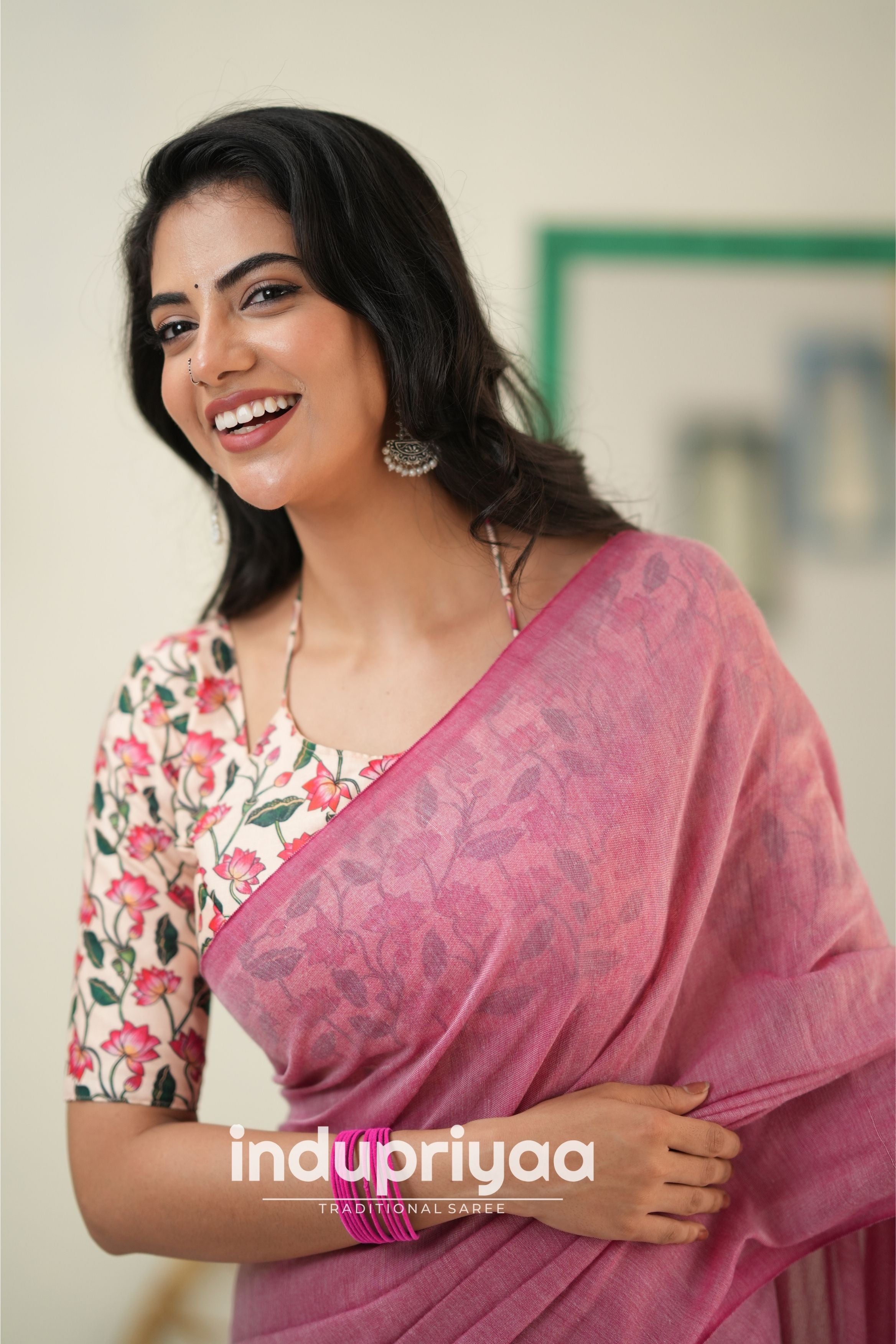 Light Pink  Handloom Khadi Cotton Saree With Pichwai Print Blouse