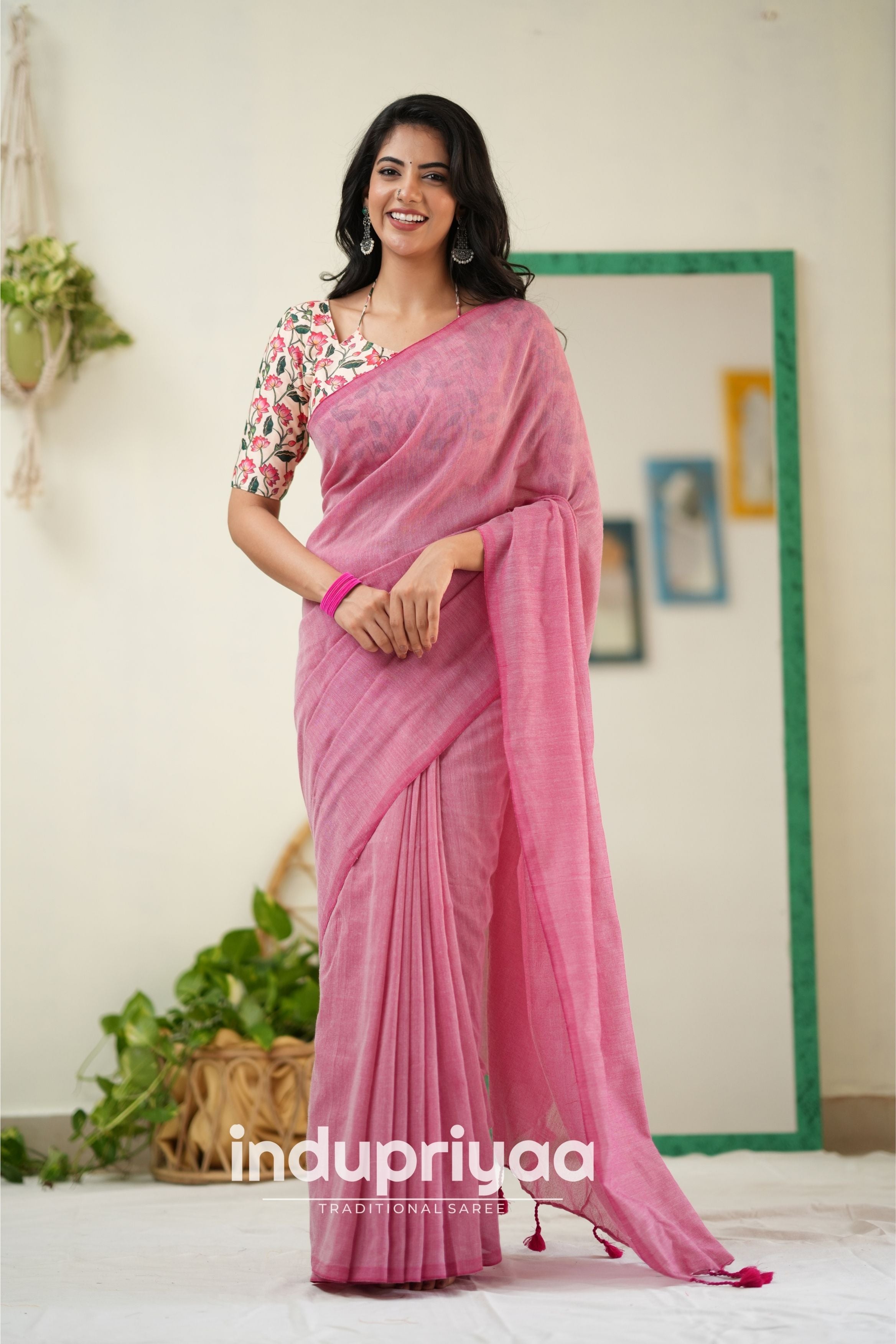 Light Pink  Handloom Khadi Cotton Saree With Pichwai Print Blouse