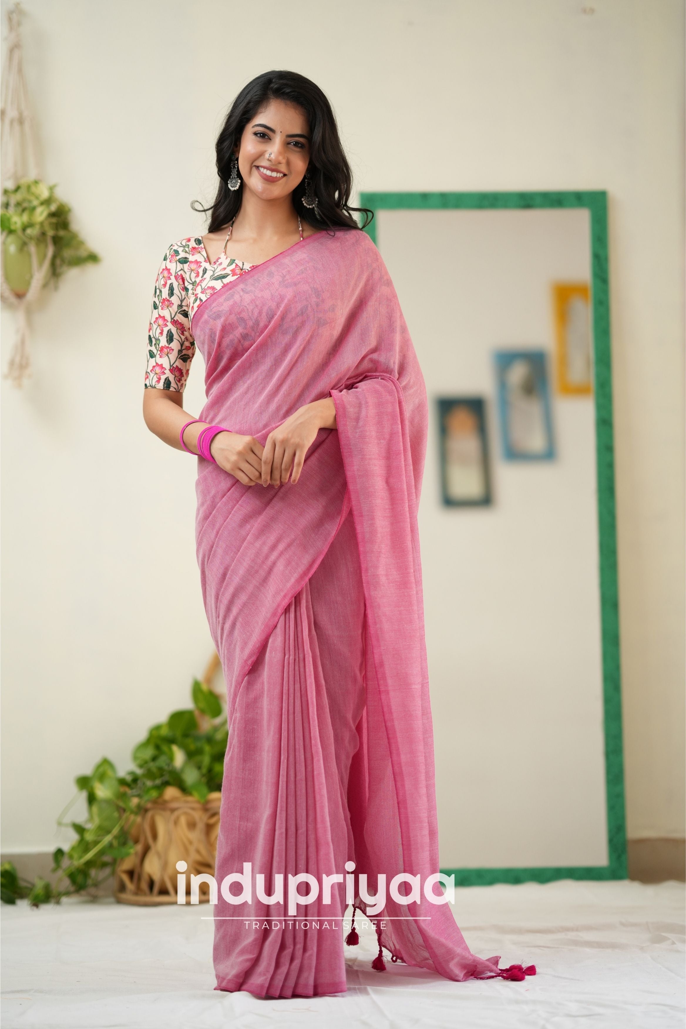 Light Pink  Handloom Khadi Cotton Saree With Pichwai Print Blouse