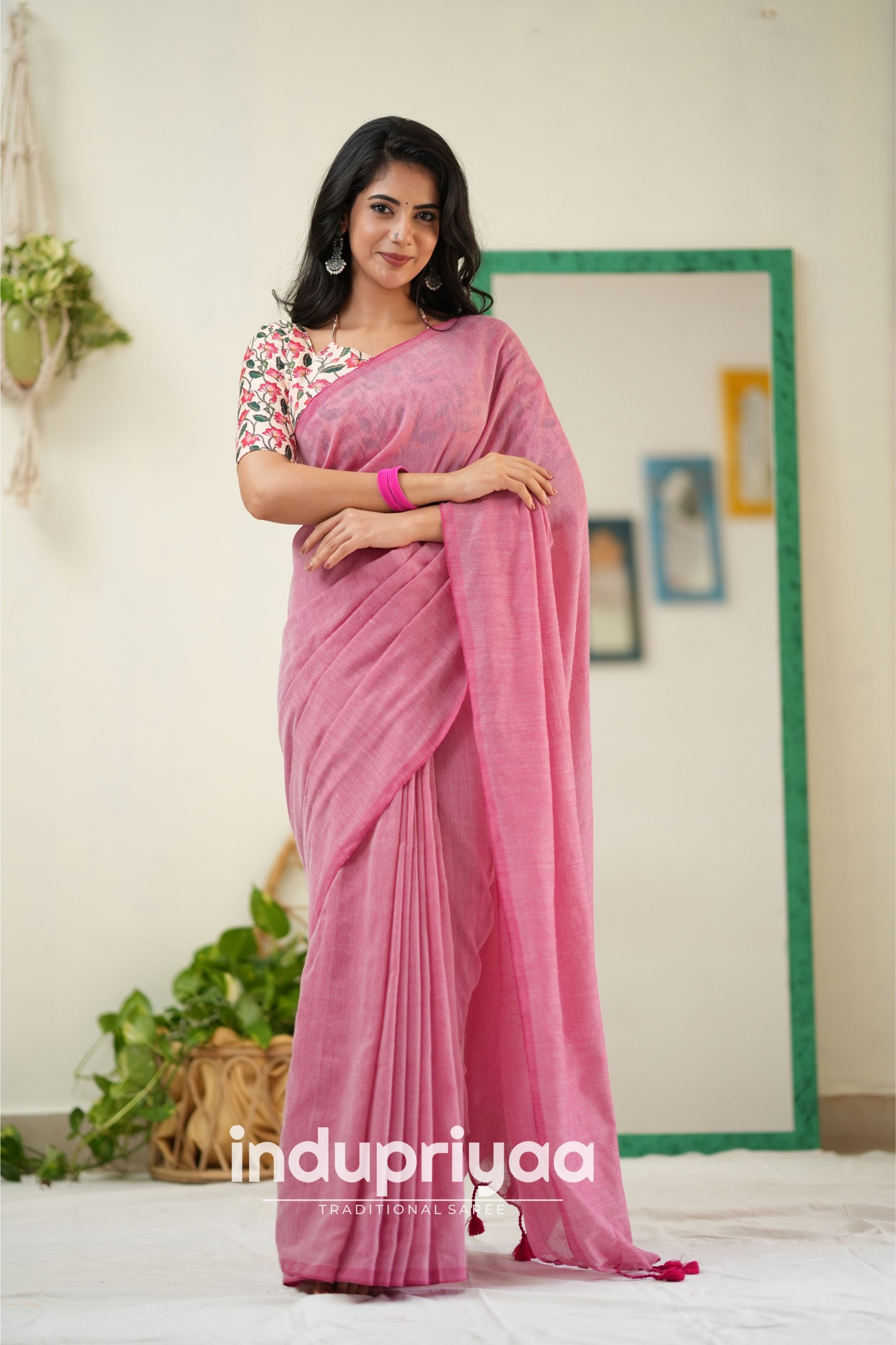 Light Pink  Handloom Khadi Cotton Saree With Pichwai Print Blouse