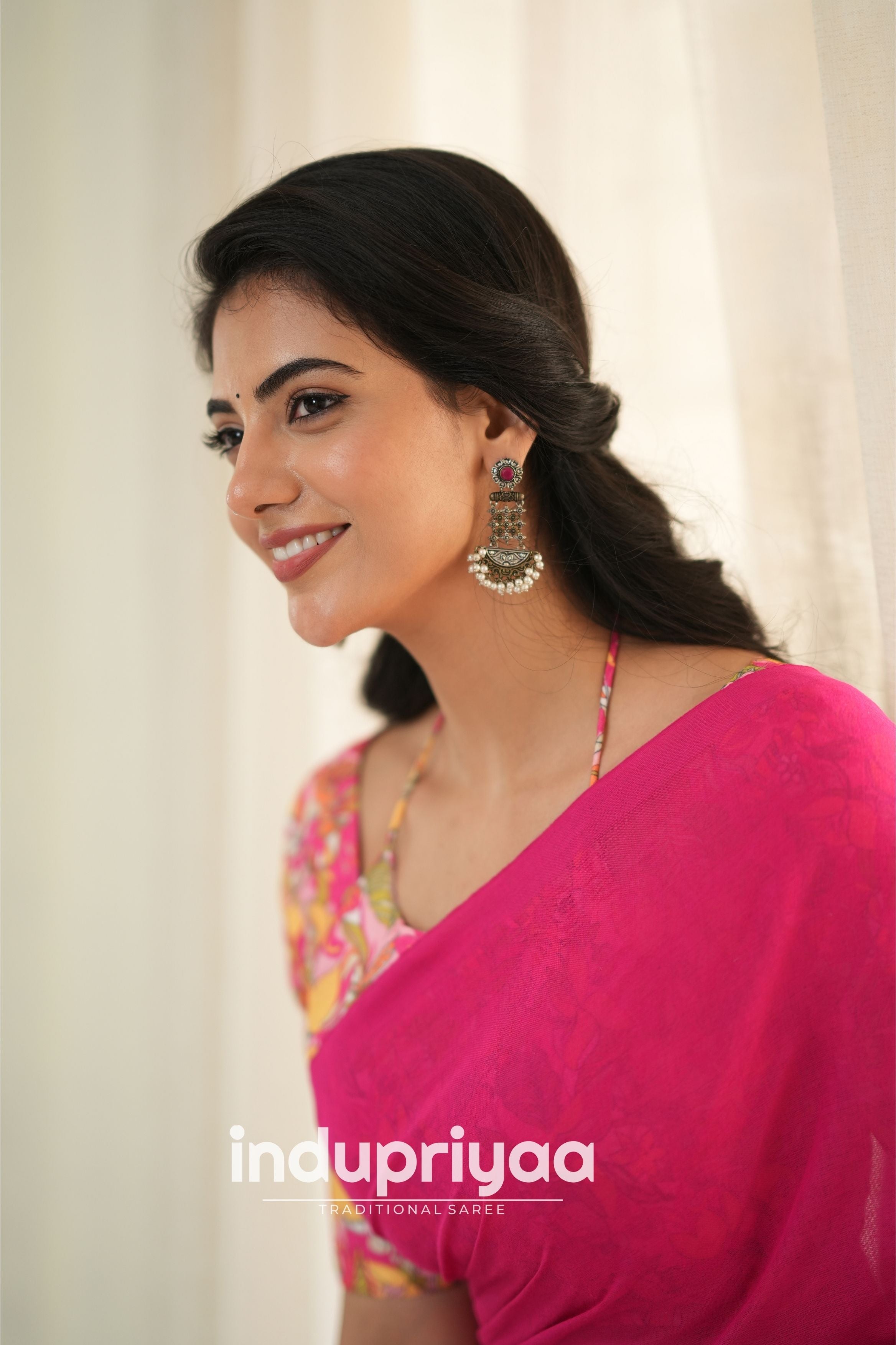 Pink  Handloom Khadi Cotton Saree With Flower Print Blouse