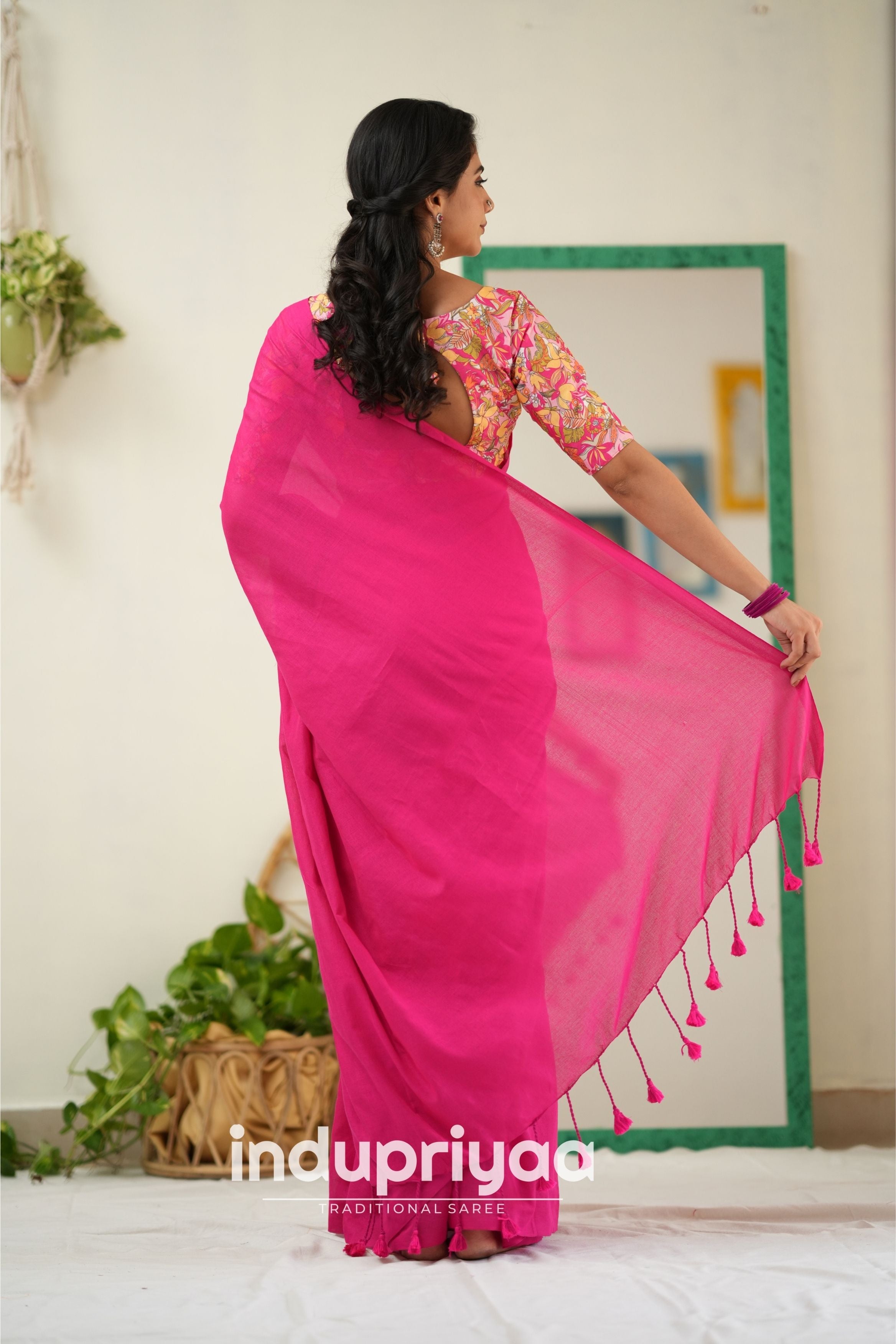 Pink  Handloom Khadi Cotton Saree With Flower Print Blouse