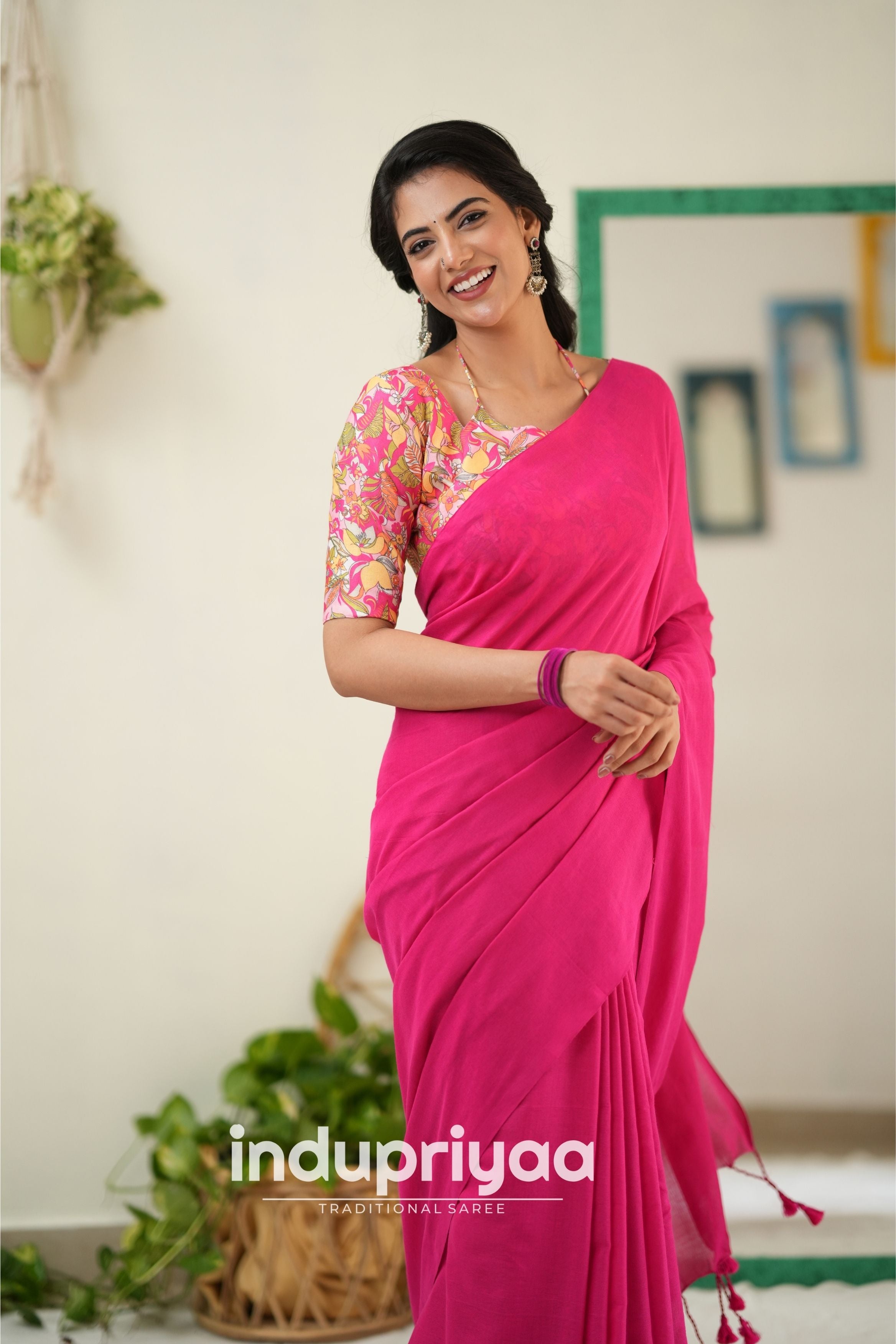 Pink  Handloom Khadi Cotton Saree With Flower Print Blouse