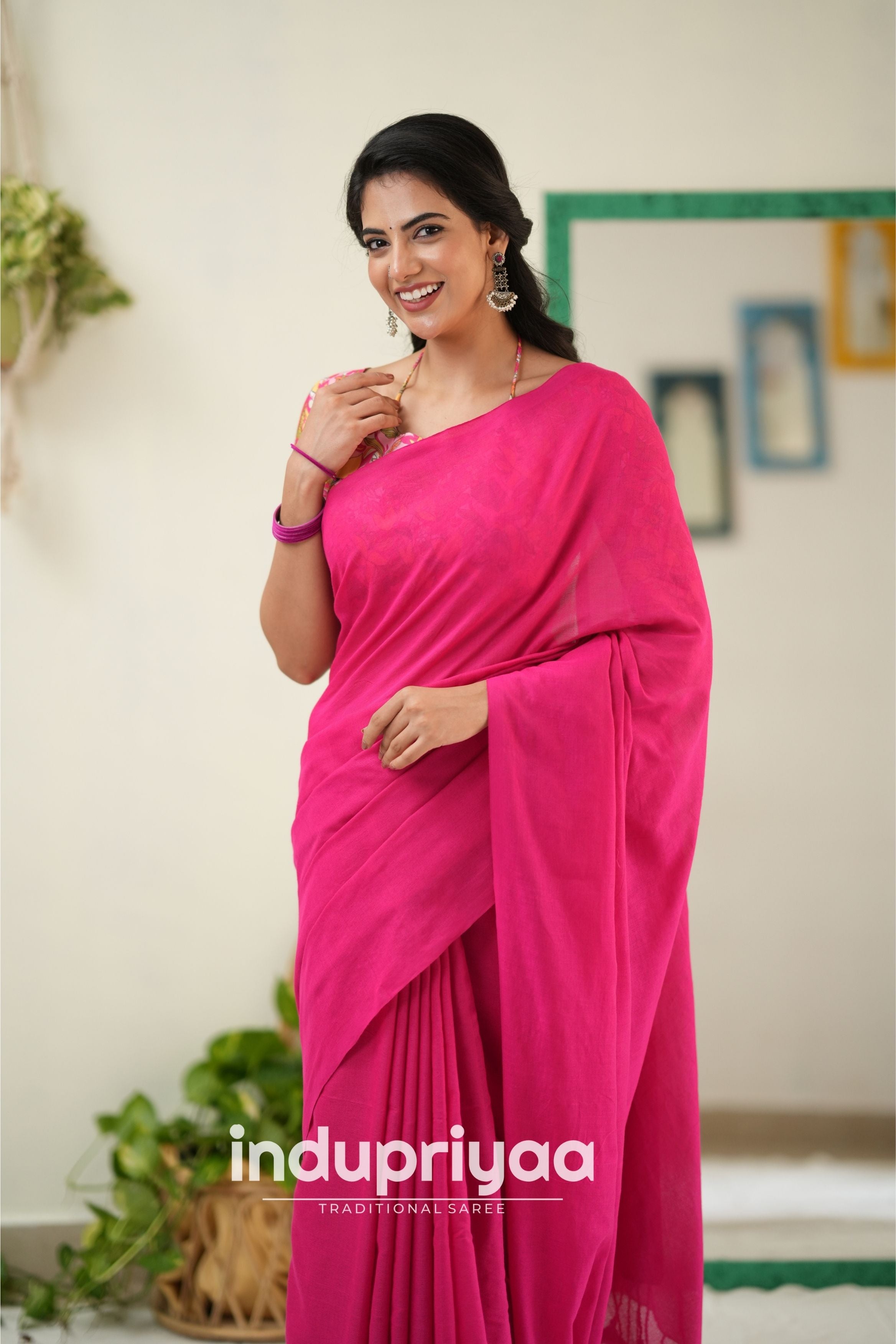 Pink  Handloom Khadi Cotton Saree With Flower Print Blouse
