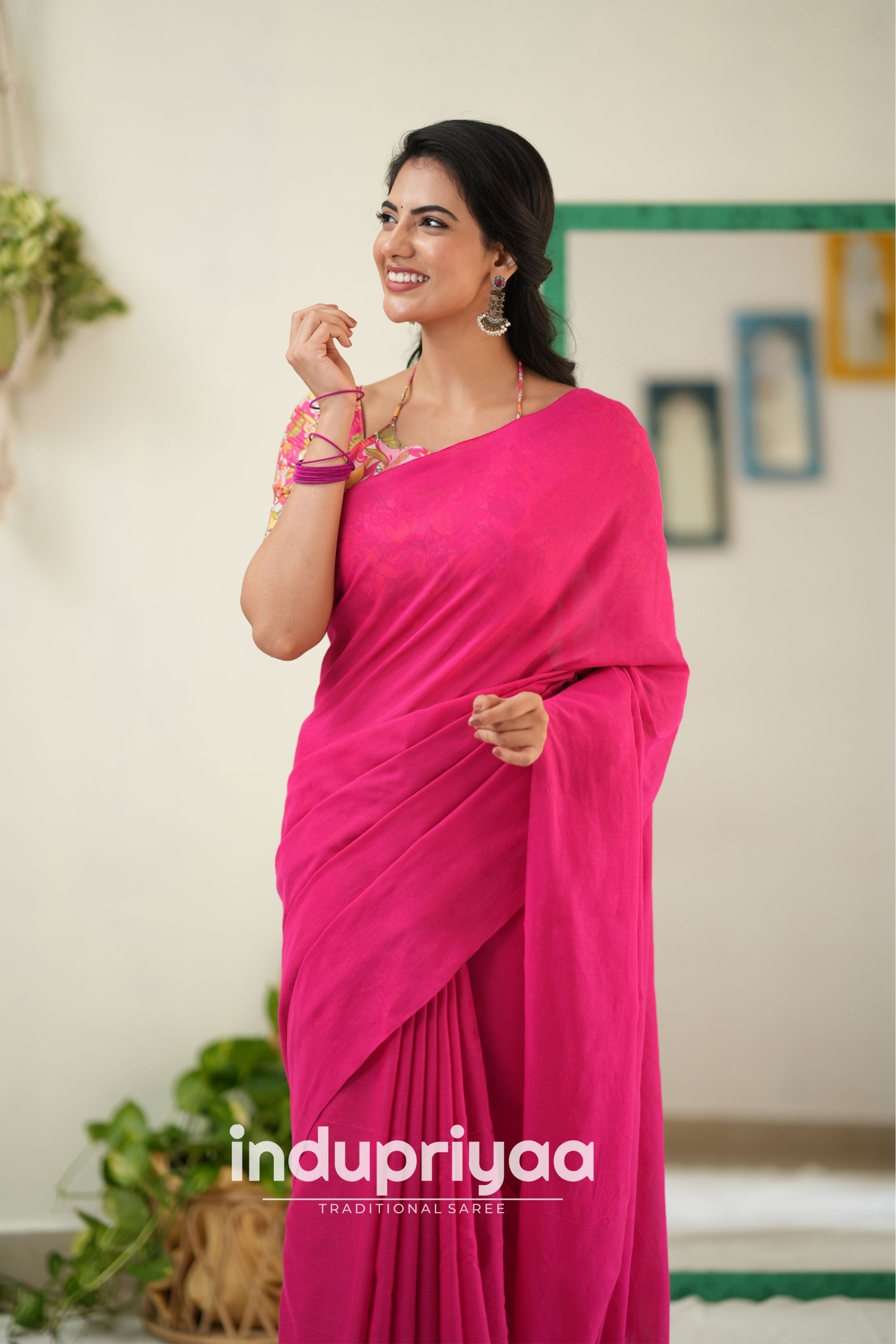 Pink  Handloom Khadi Cotton Saree With Flower Print Blouse