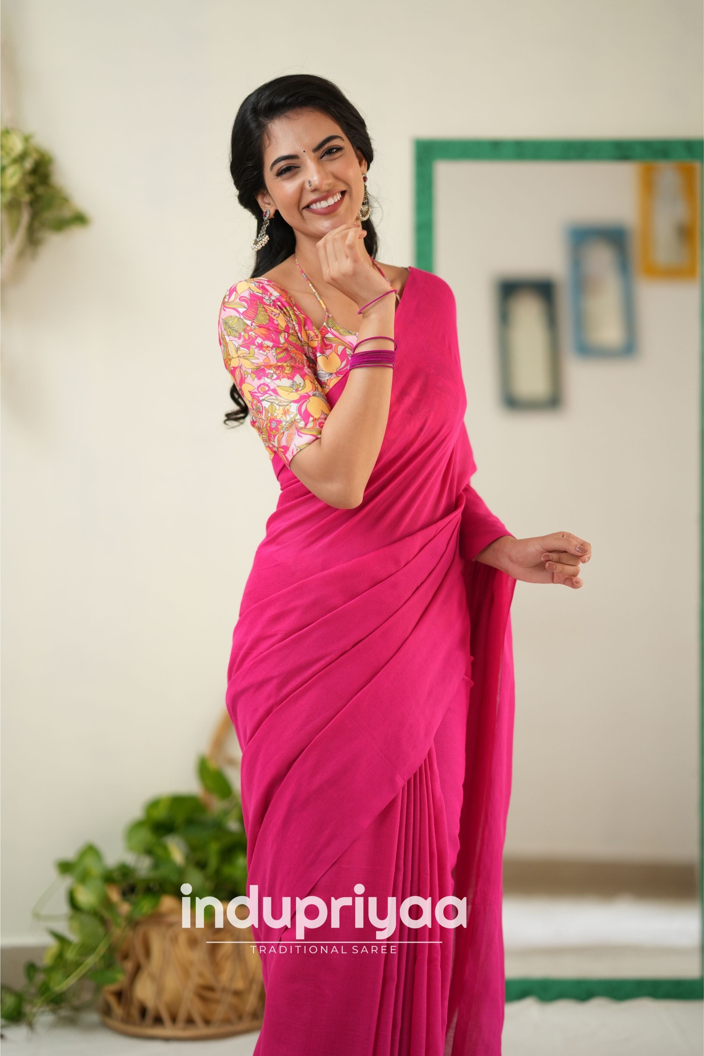 Pink  Handloom Khadi Cotton Saree With Flower Print Blouse