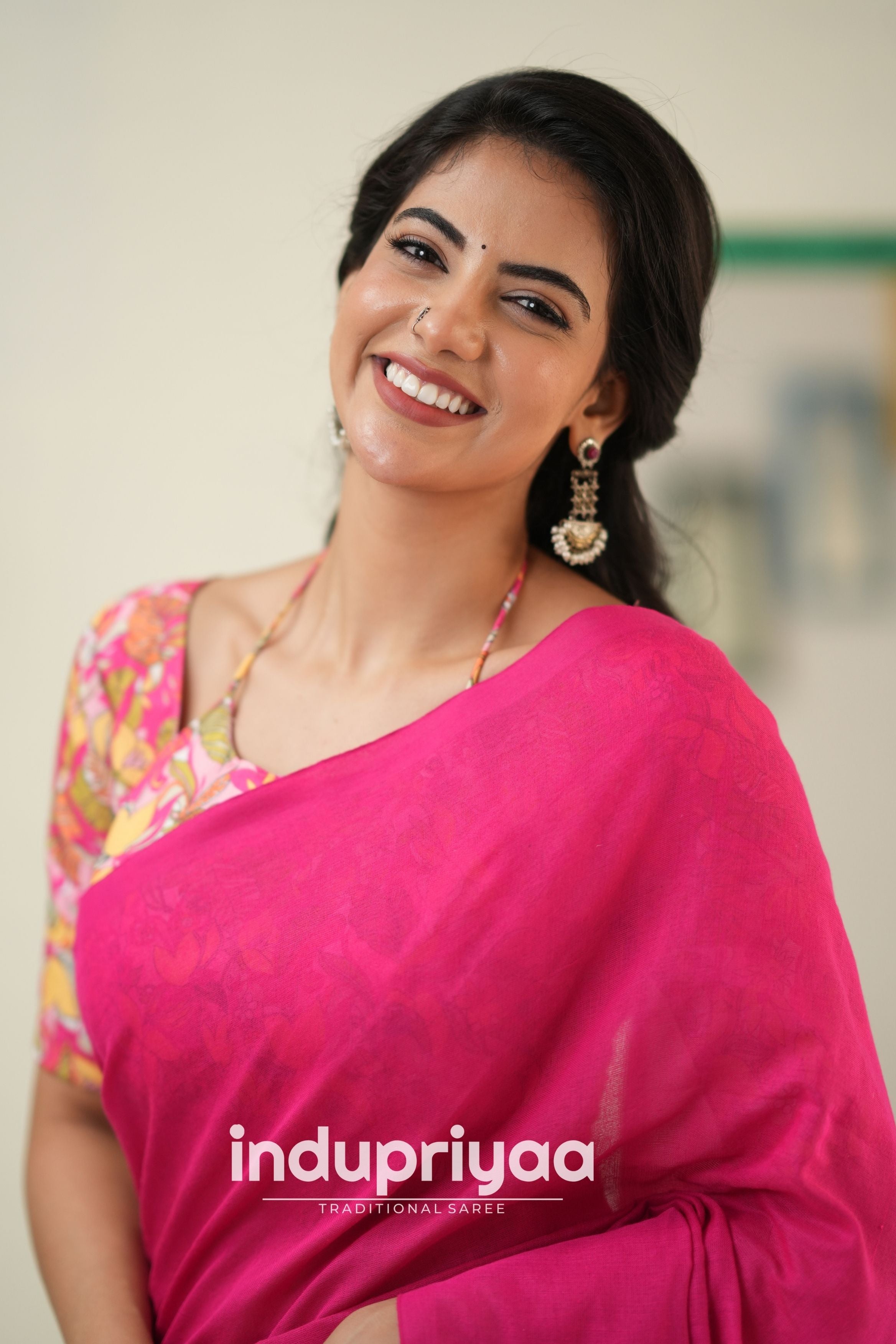 Pink  Handloom Khadi Cotton Saree With Flower Print Blouse