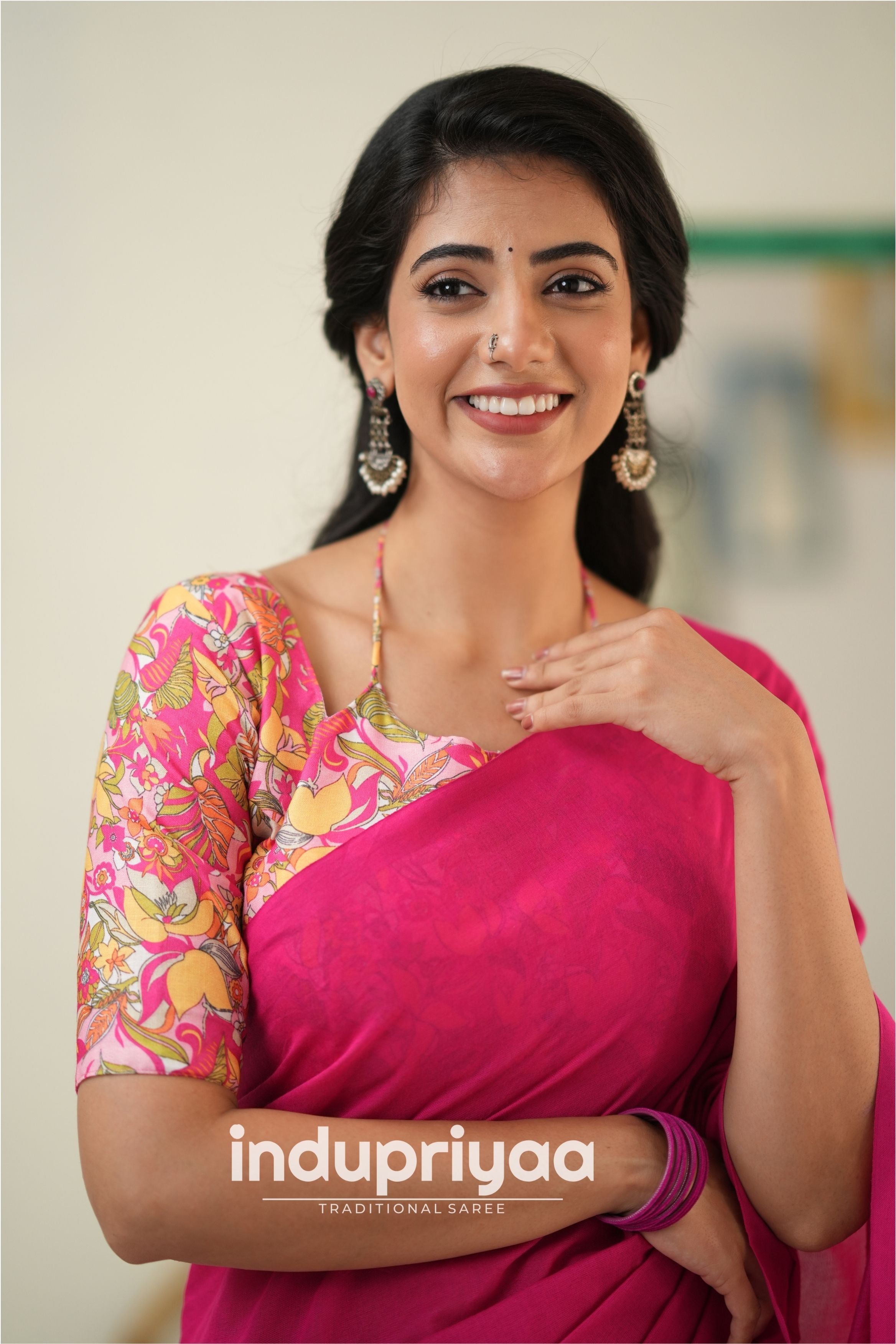 Pink  Handloom Khadi Cotton Saree With Flower Print Blouse