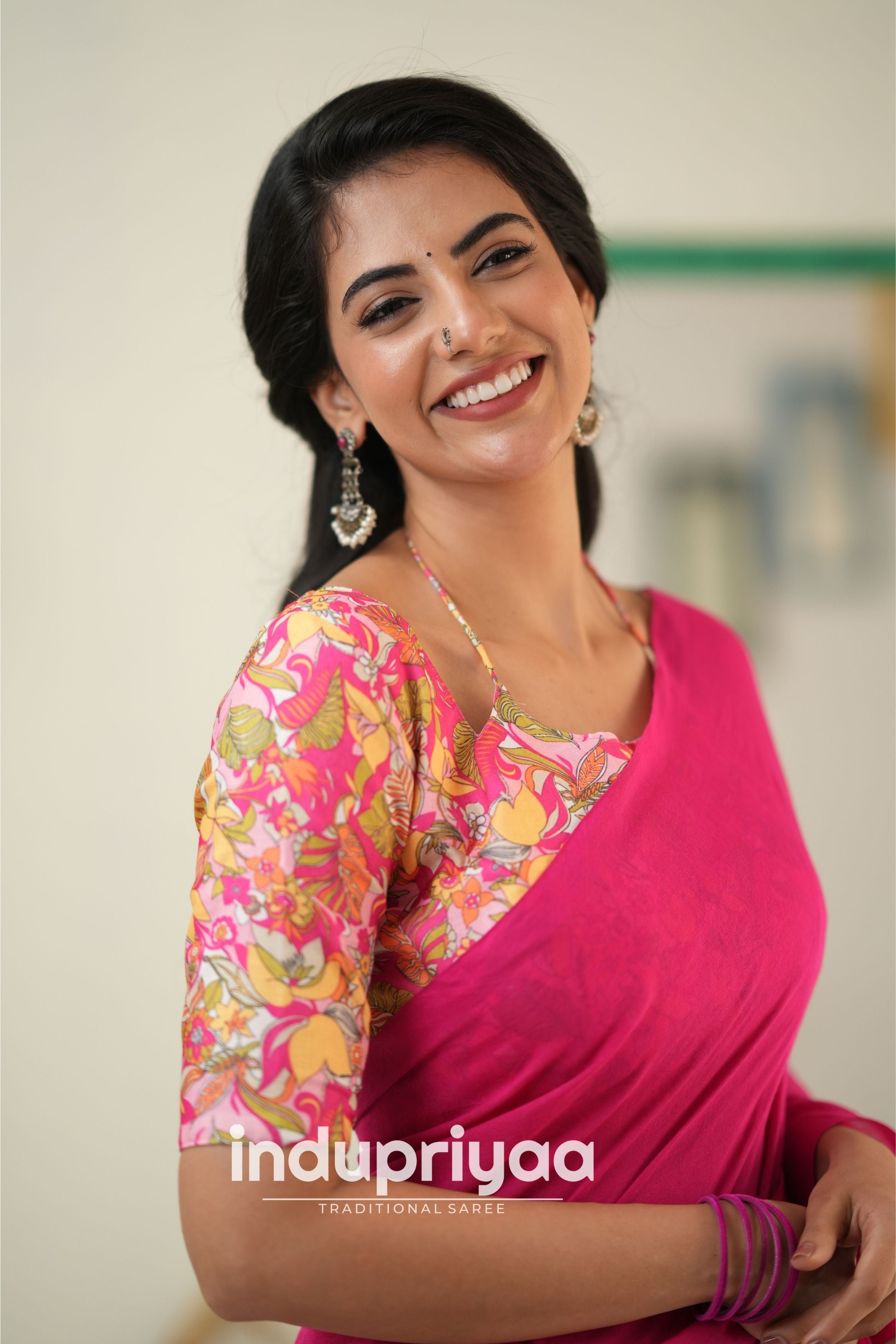 Pink  Handloom Khadi Cotton Saree With Flower Print Blouse