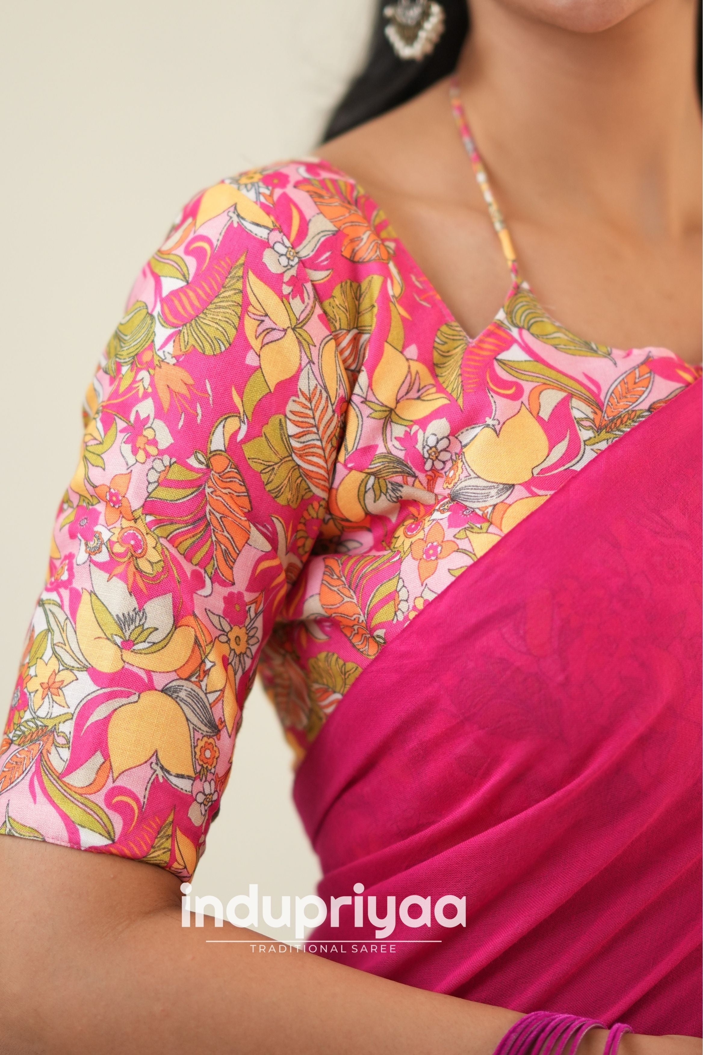 Pink  Handloom Khadi Cotton Saree With Flower Print Blouse