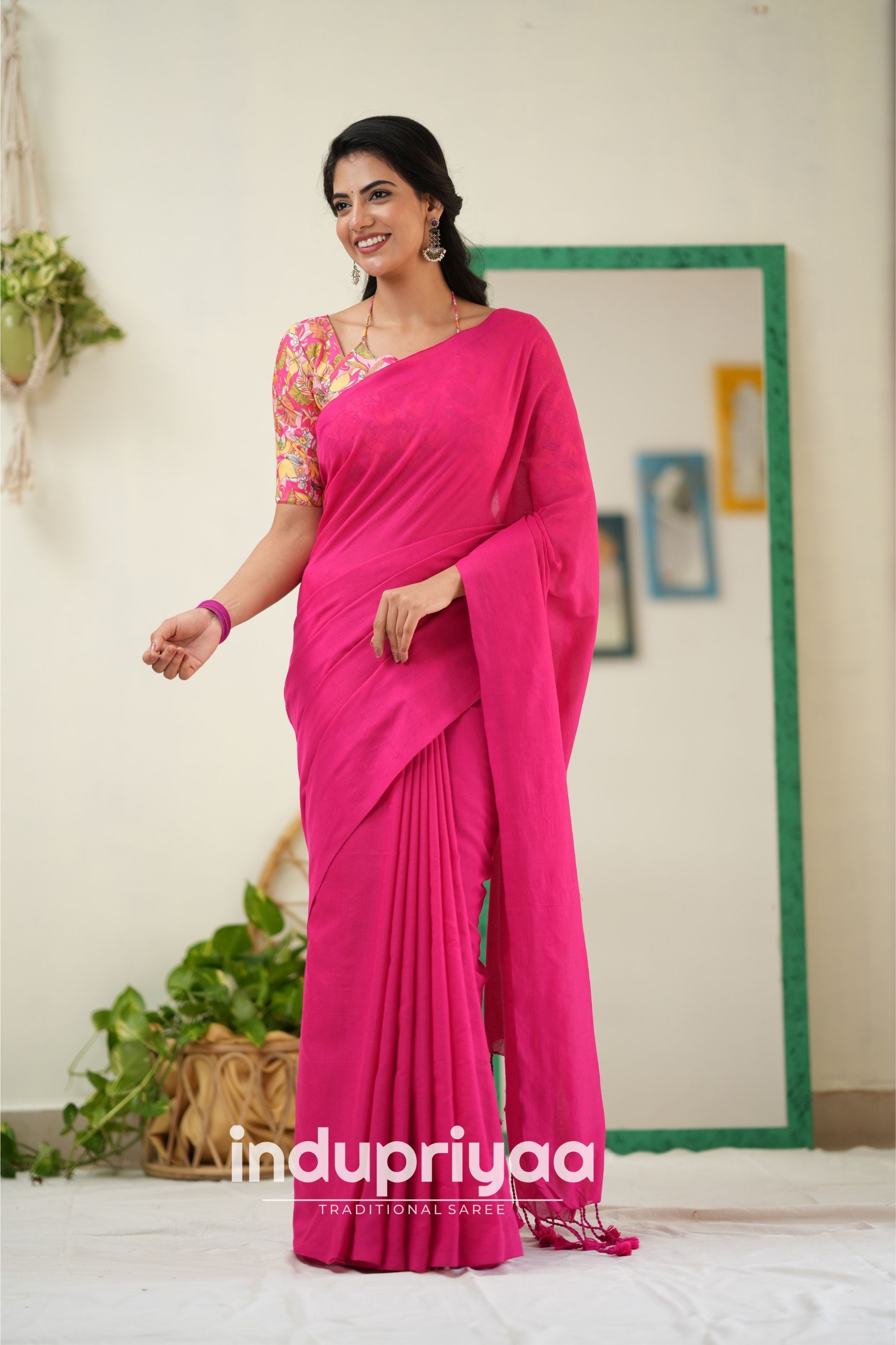 Pink  Handloom Khadi Cotton Saree With Flower Print Blouse