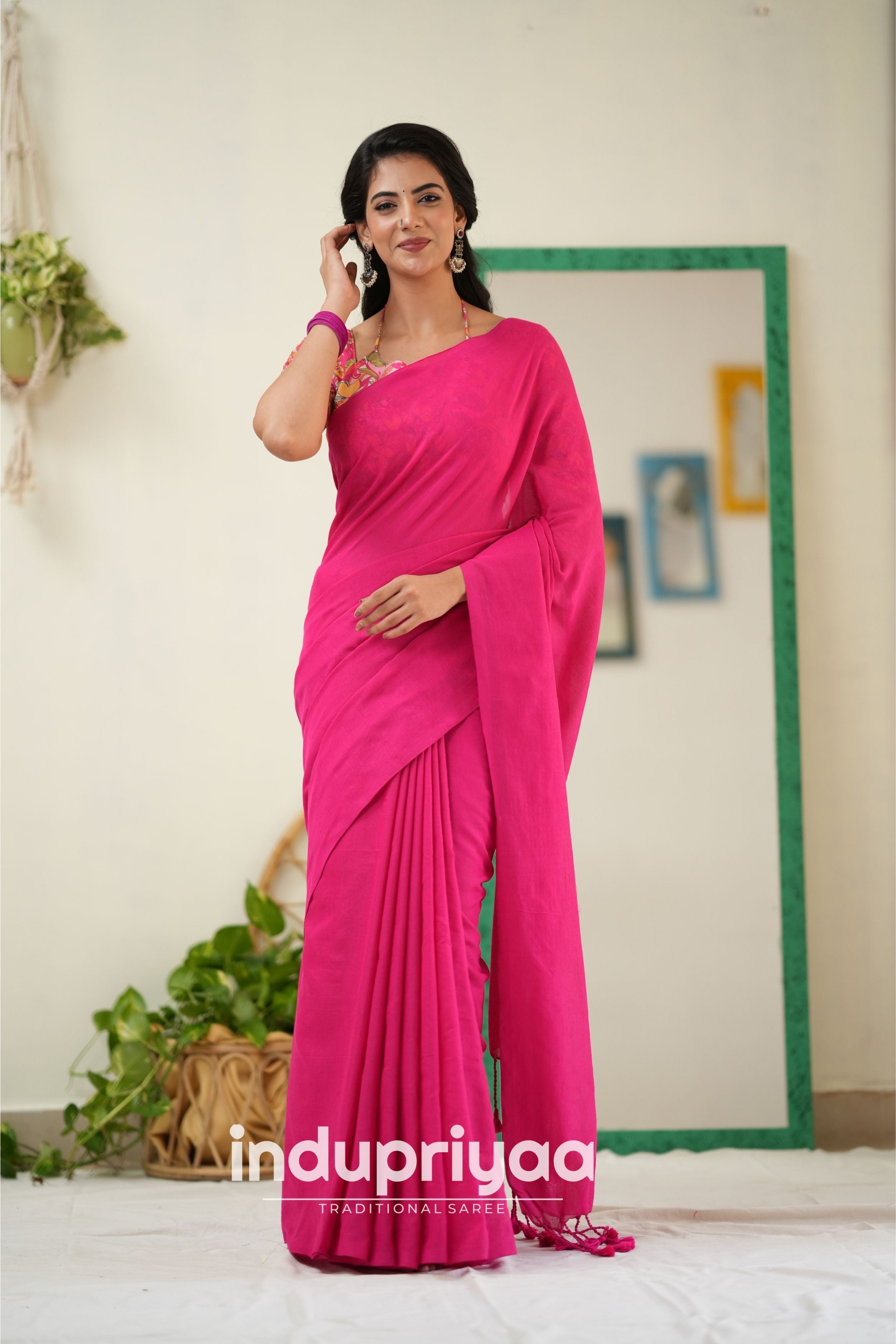 Pink  Handloom Khadi Cotton Saree With Flower Print Blouse