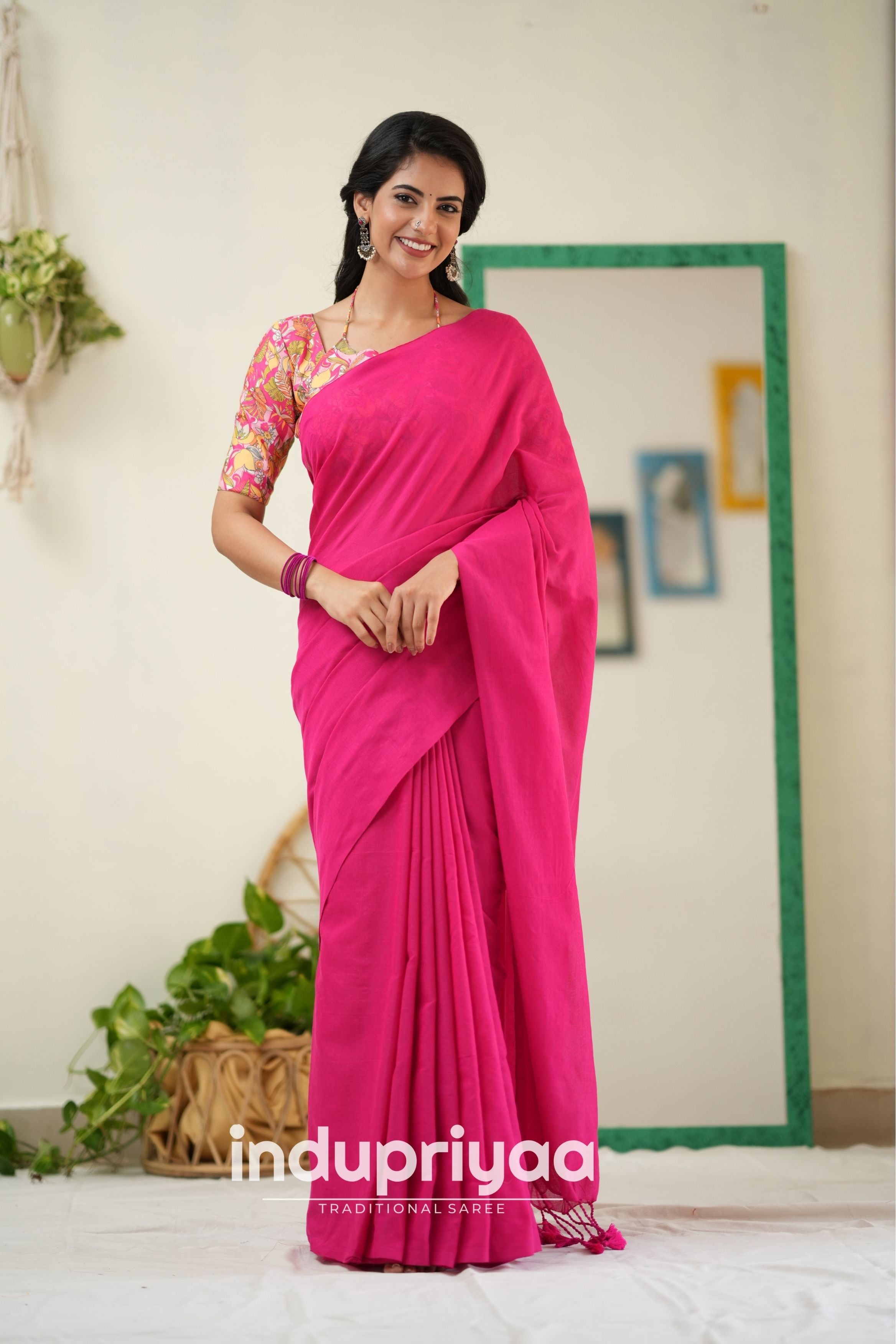 Pink  Handloom Khadi Cotton Saree With Flower Print Blouse