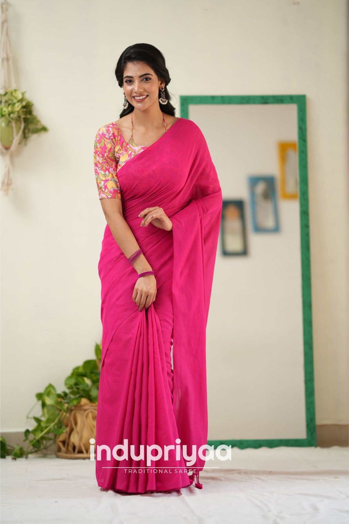 Pink  Handloom Khadi Cotton Saree With Flower Print Blouse