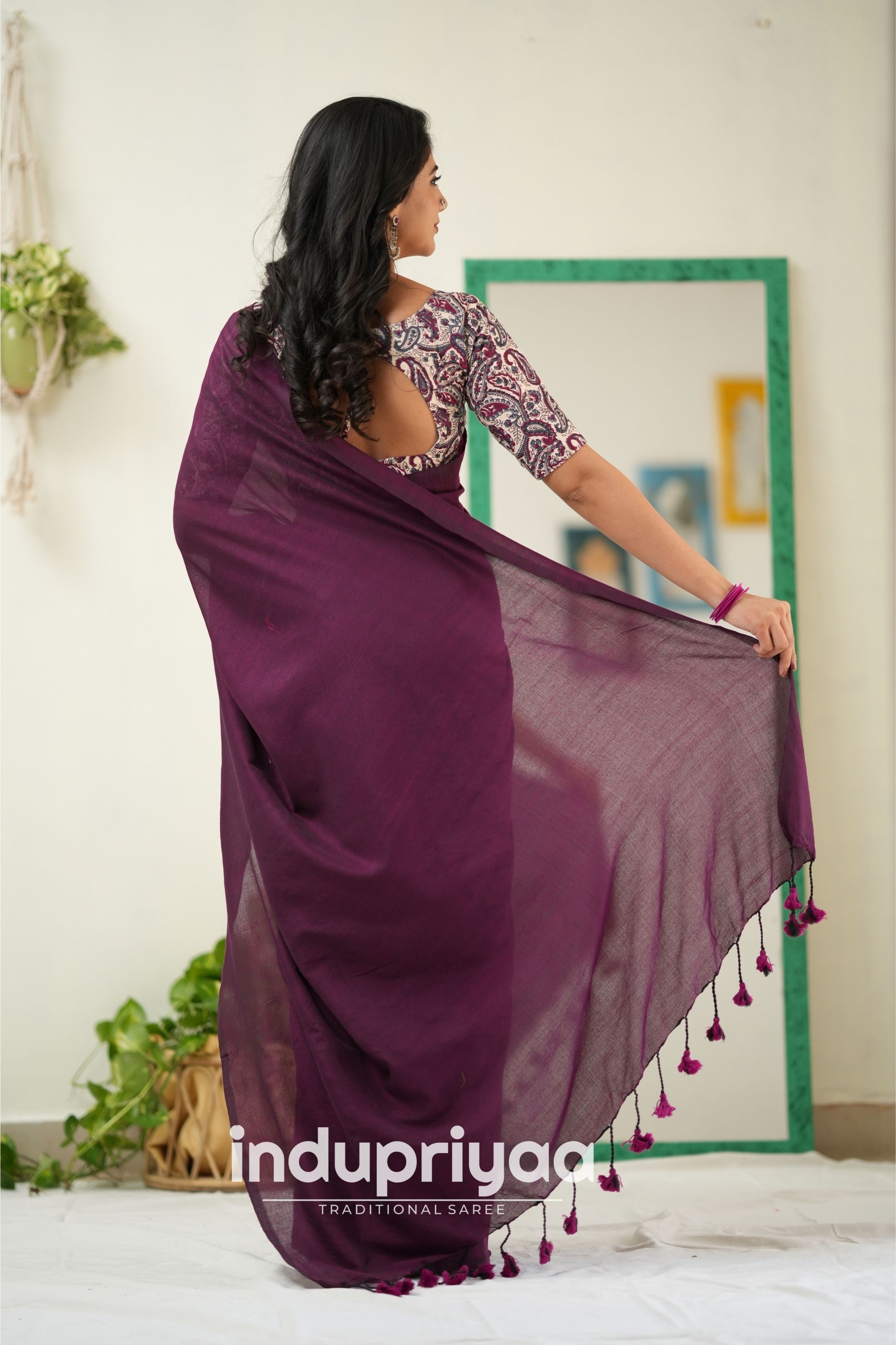 Wine Handloom Khadi Cotton Saree With Mango Print Blouse