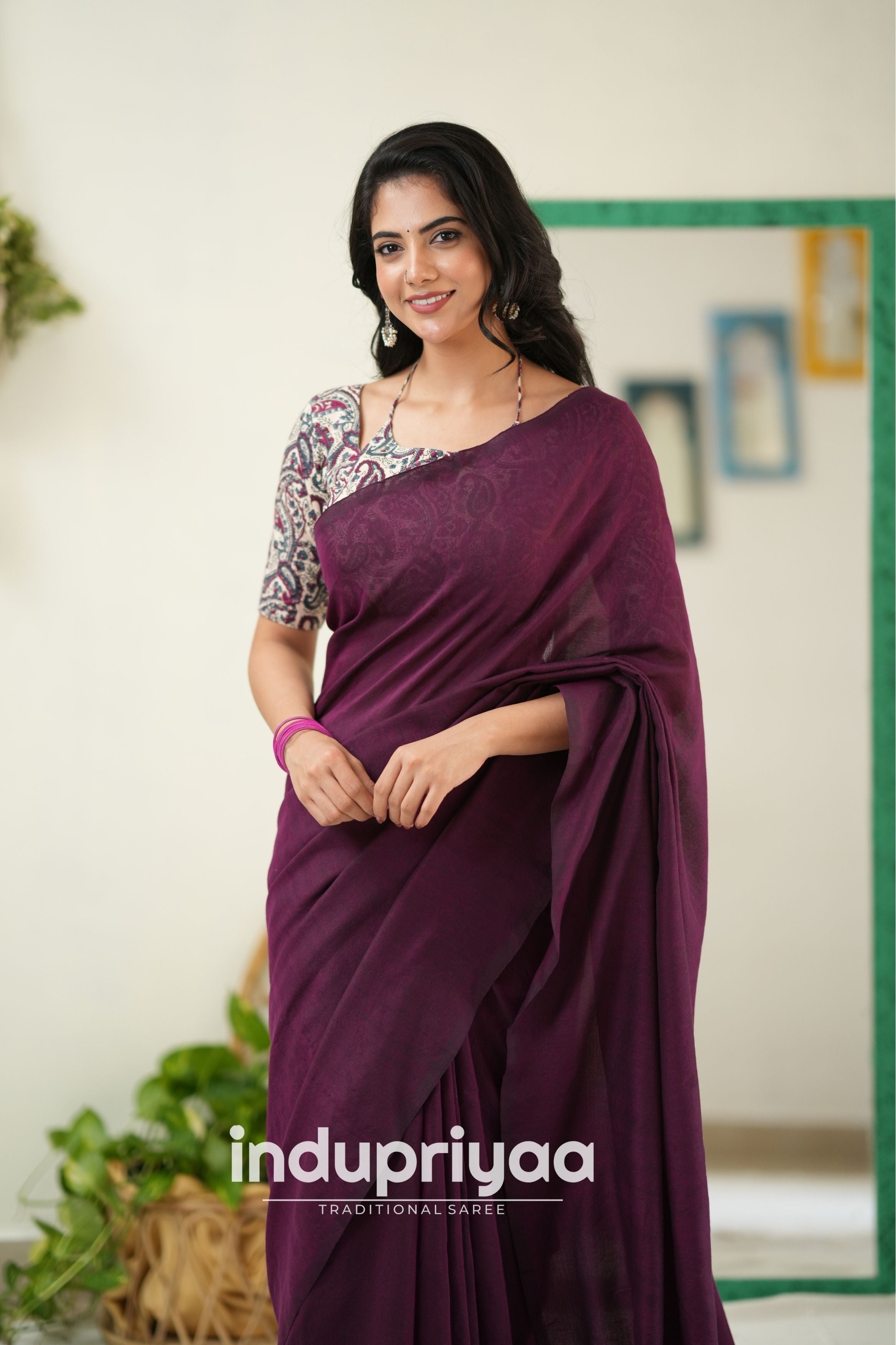 Wine Handloom Khadi Cotton Saree With Mango Print Blouse