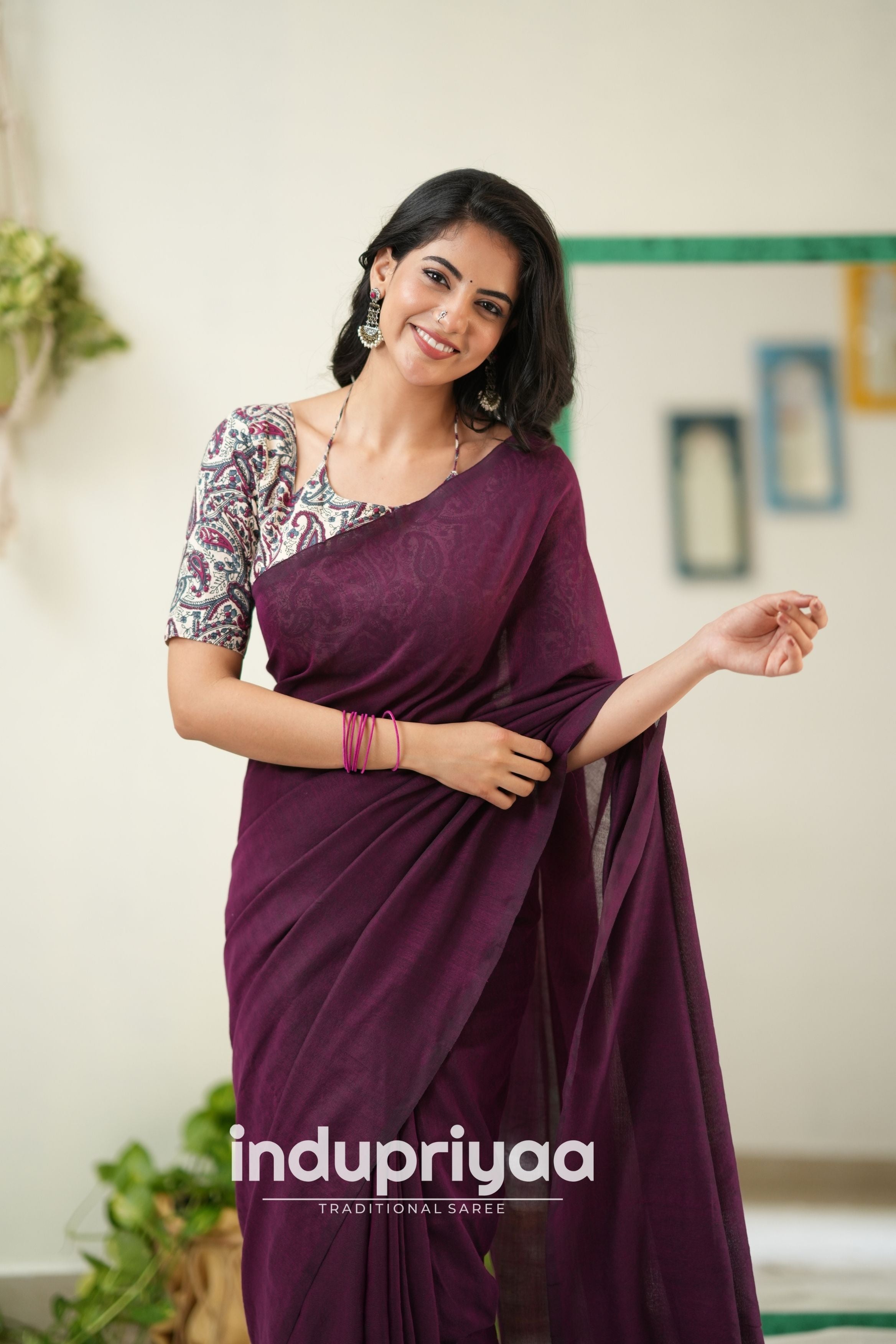 Wine Handloom Khadi Cotton Saree With Mango Print Blouse
