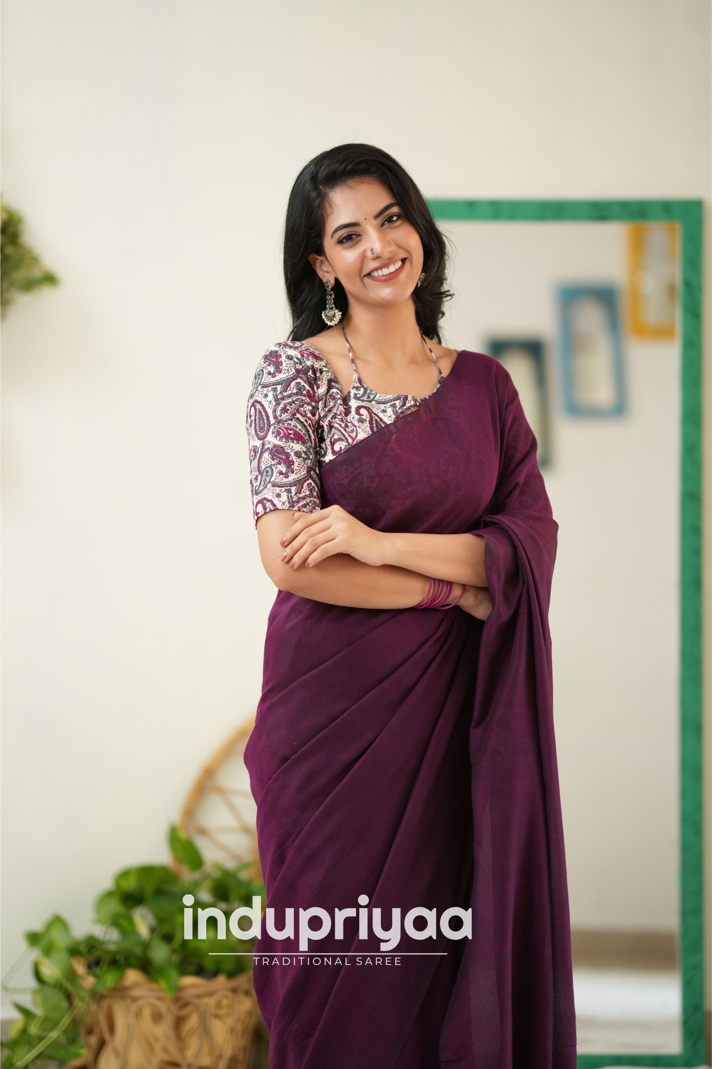 Wine Handloom Khadi Cotton Saree With Mango Print Blouse