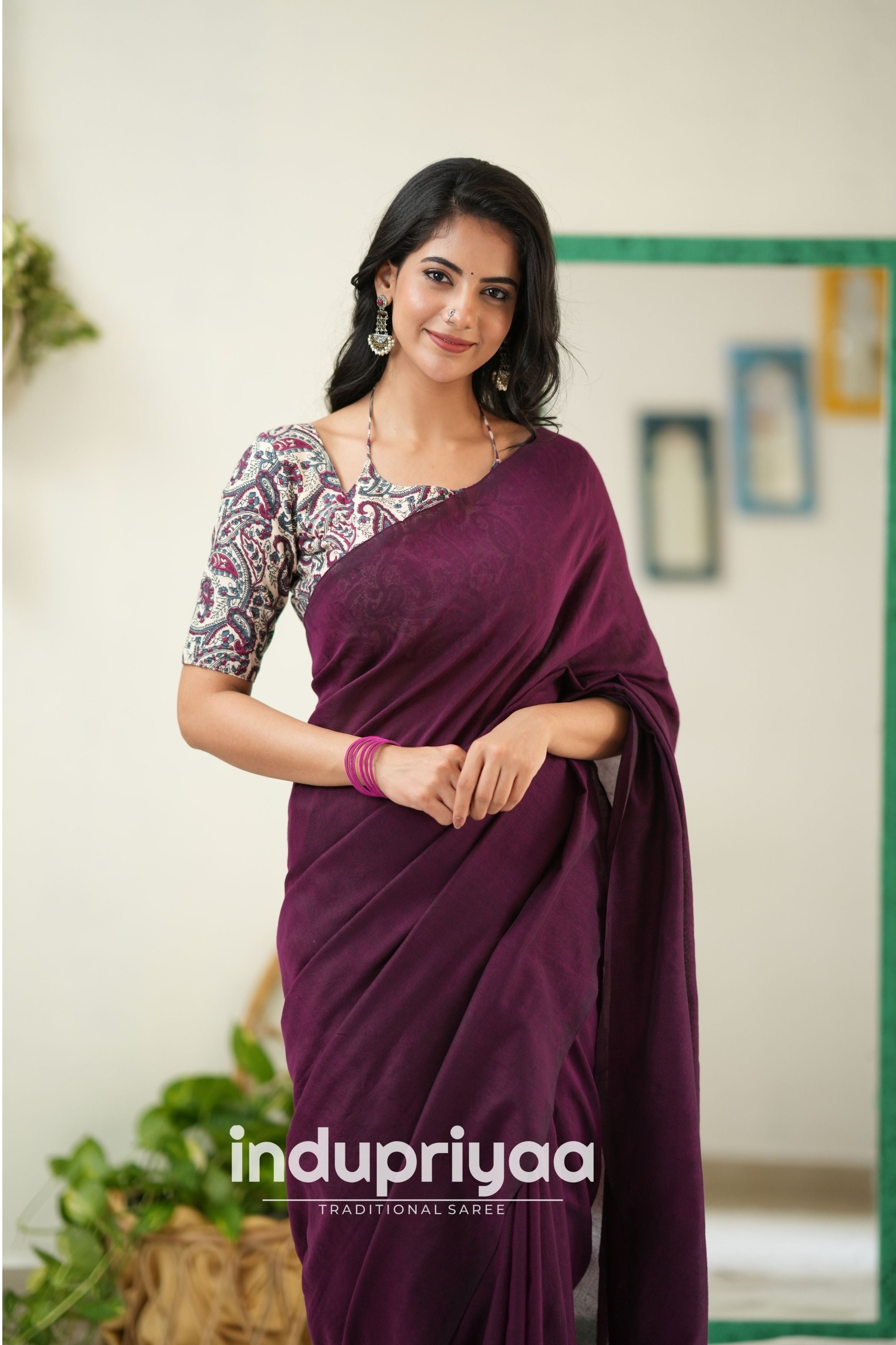 Wine Handloom Khadi Cotton Saree With Mango Print Blouse