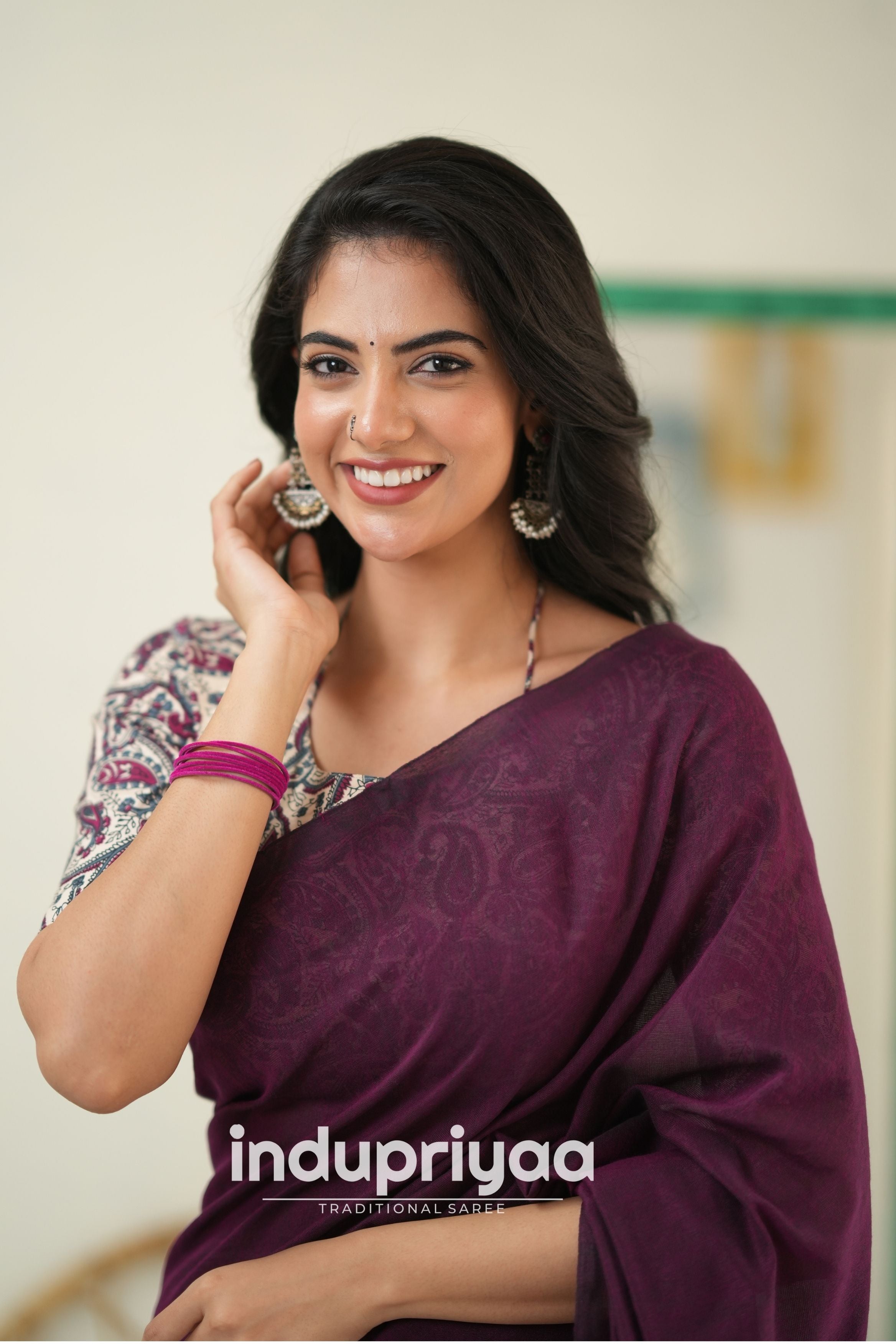 Wine Handloom Khadi Cotton Saree With Mango Print Blouse