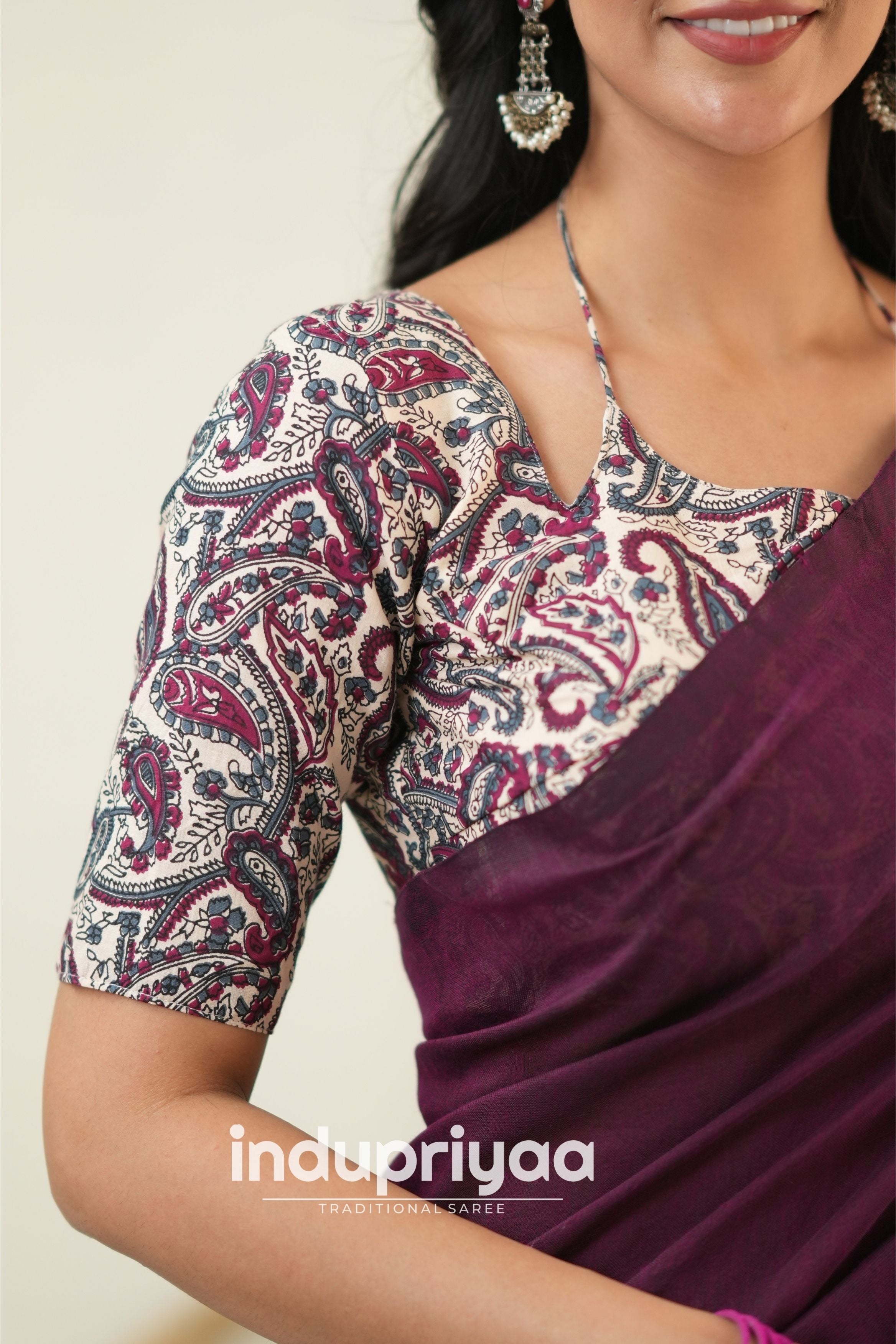Wine Handloom Khadi Cotton Saree With Mango Print Blouse