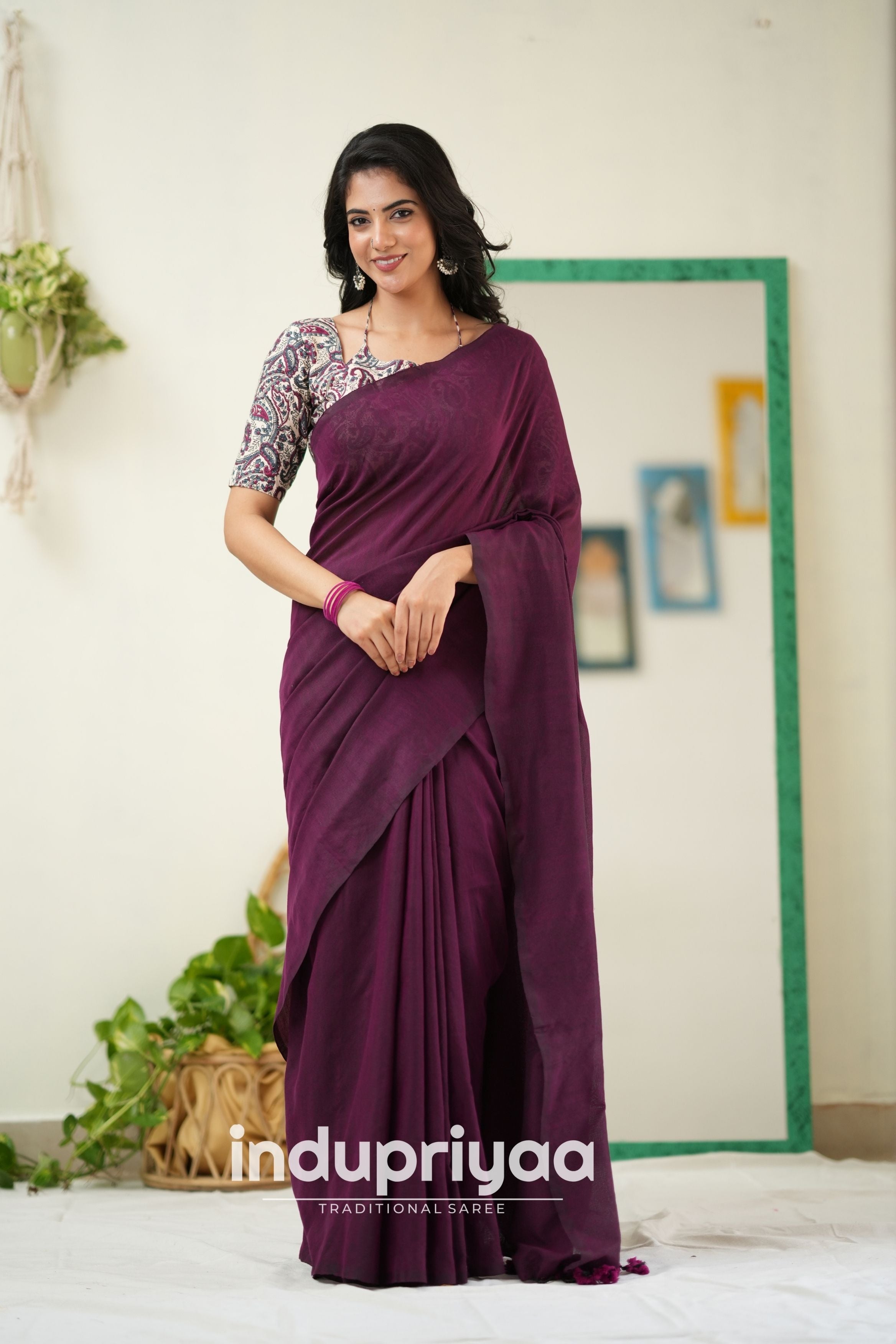 Wine Handloom Khadi Cotton Saree With Mango Print Blouse