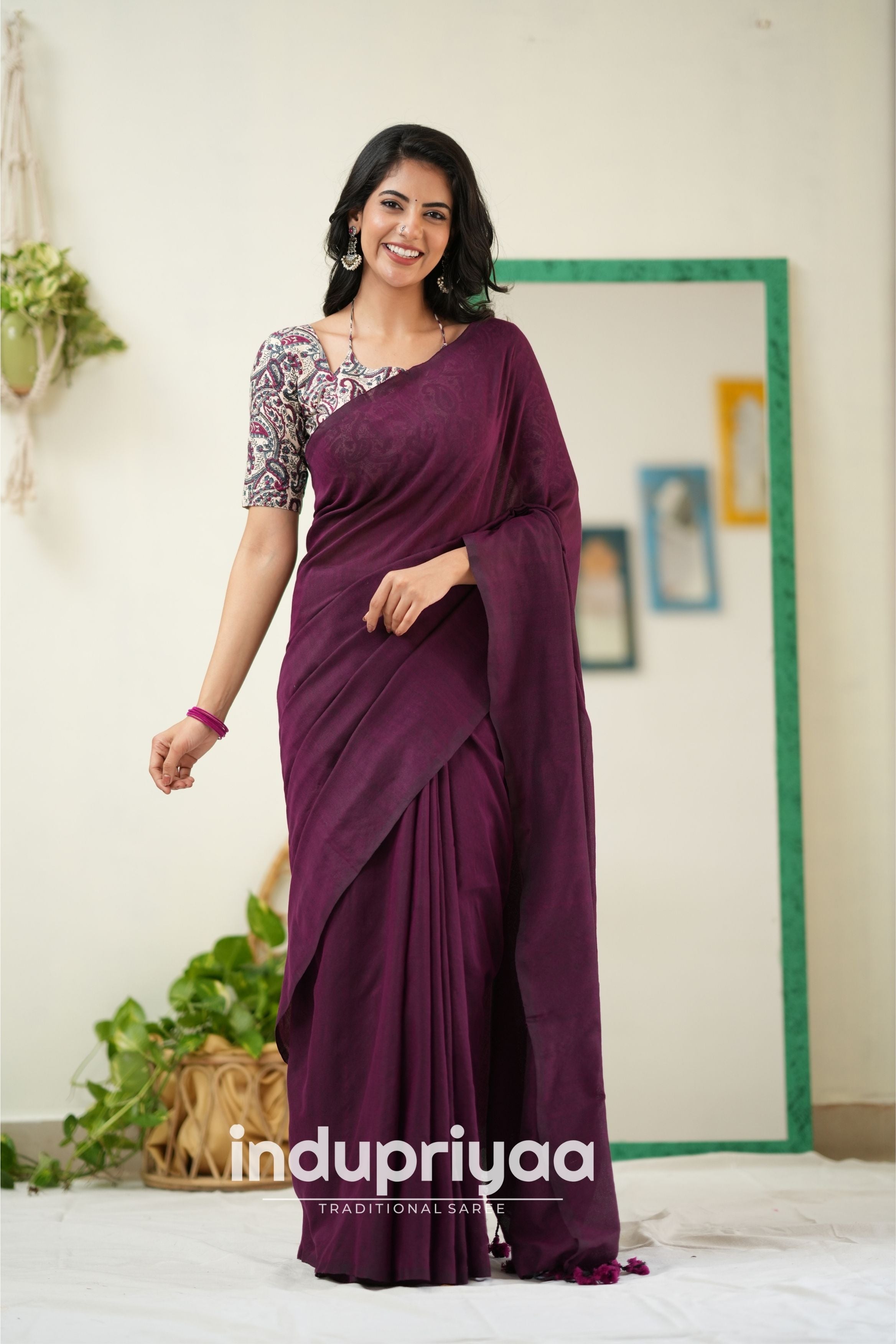 Wine Handloom Khadi Cotton Saree With Mango Print Blouse
