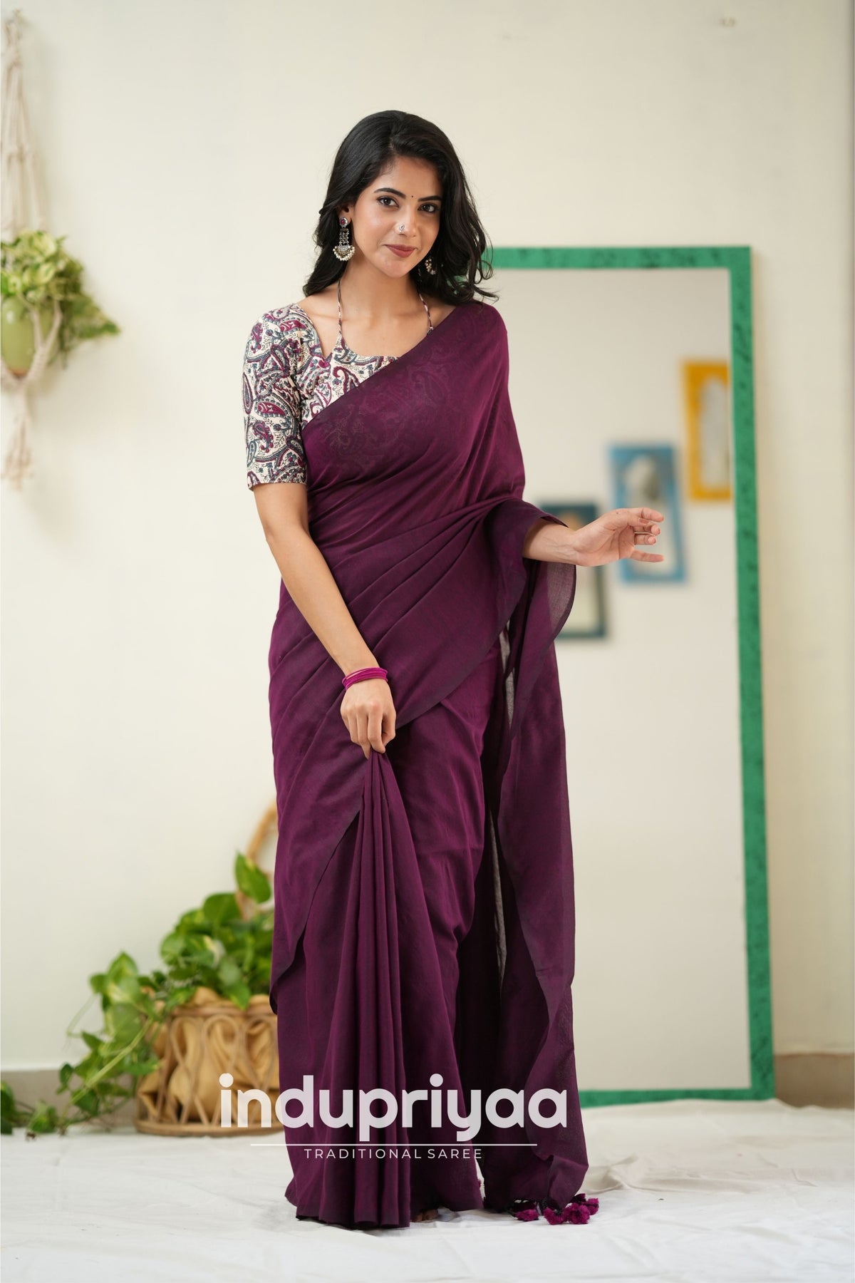 Wine Handloom Khadi Cotton Saree With Mango Print Blouse