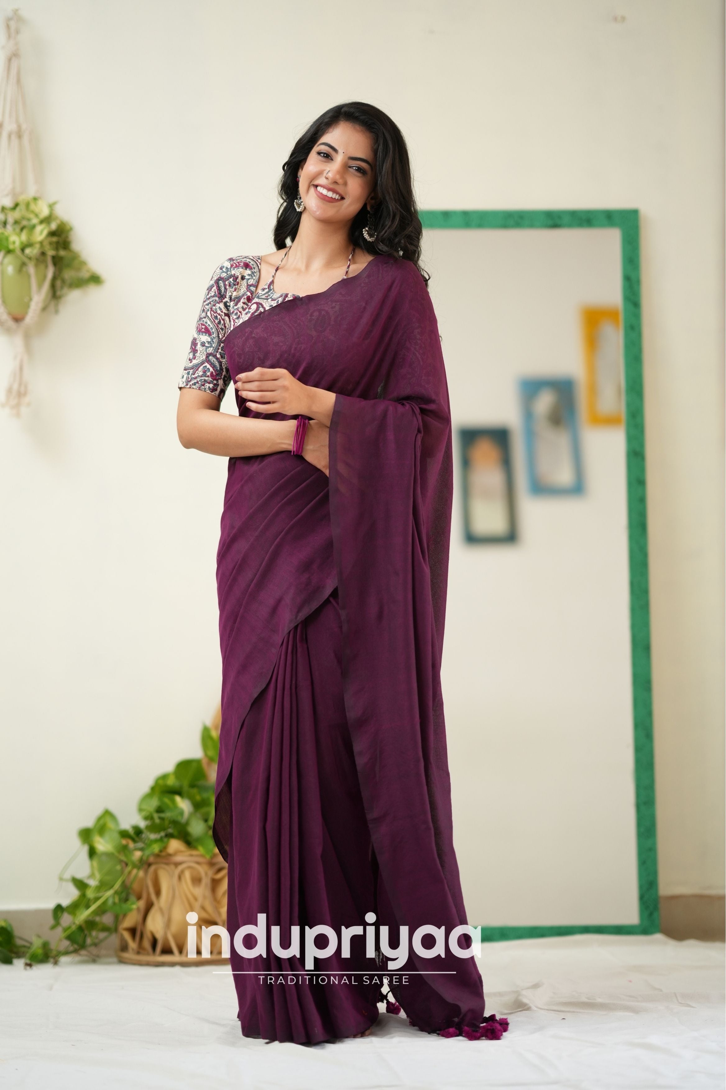 Wine Handloom Khadi Cotton Saree With Mango Print Blouse