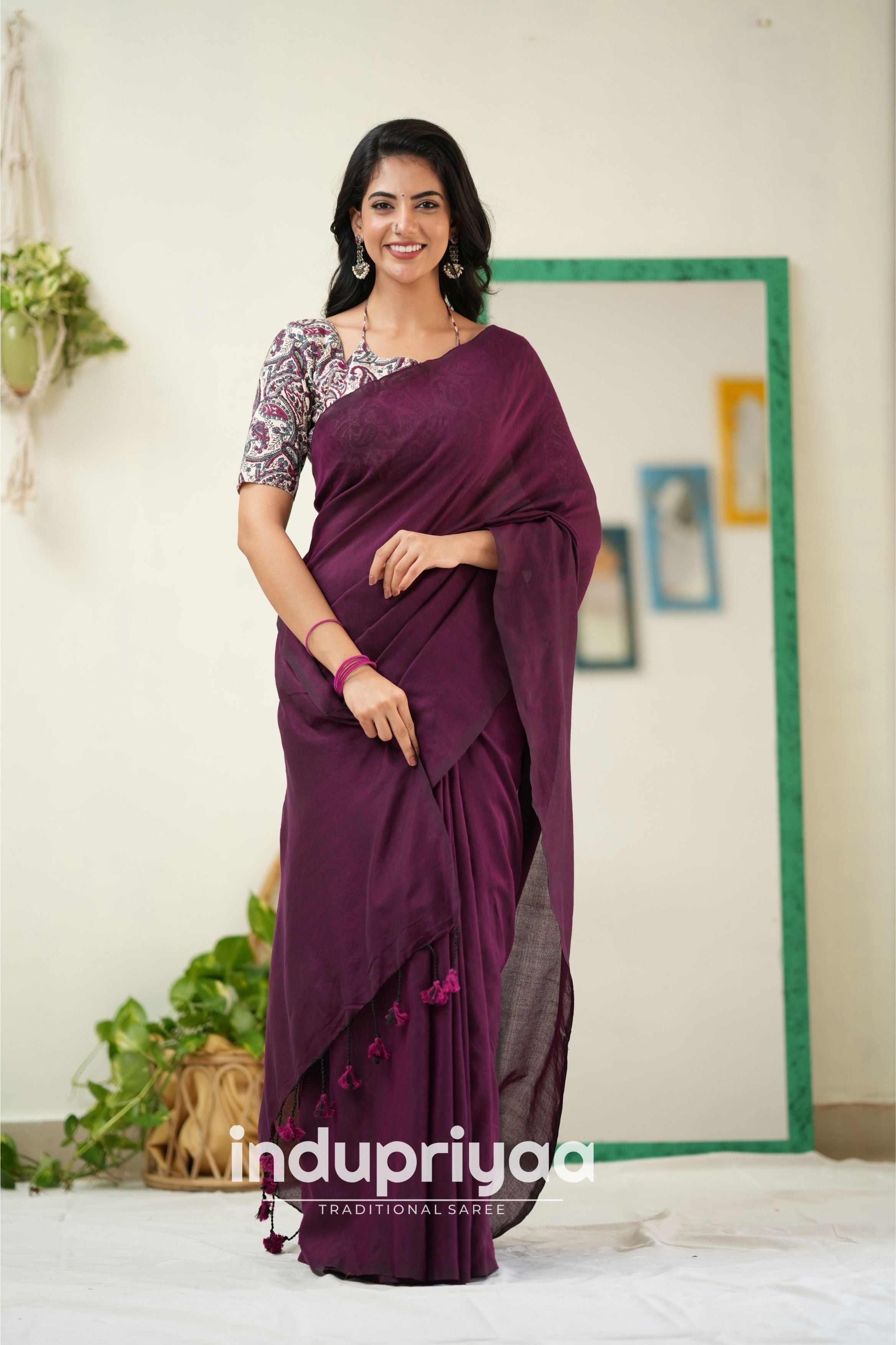 Wine Handloom Khadi Cotton Saree With Mango Print Blouse