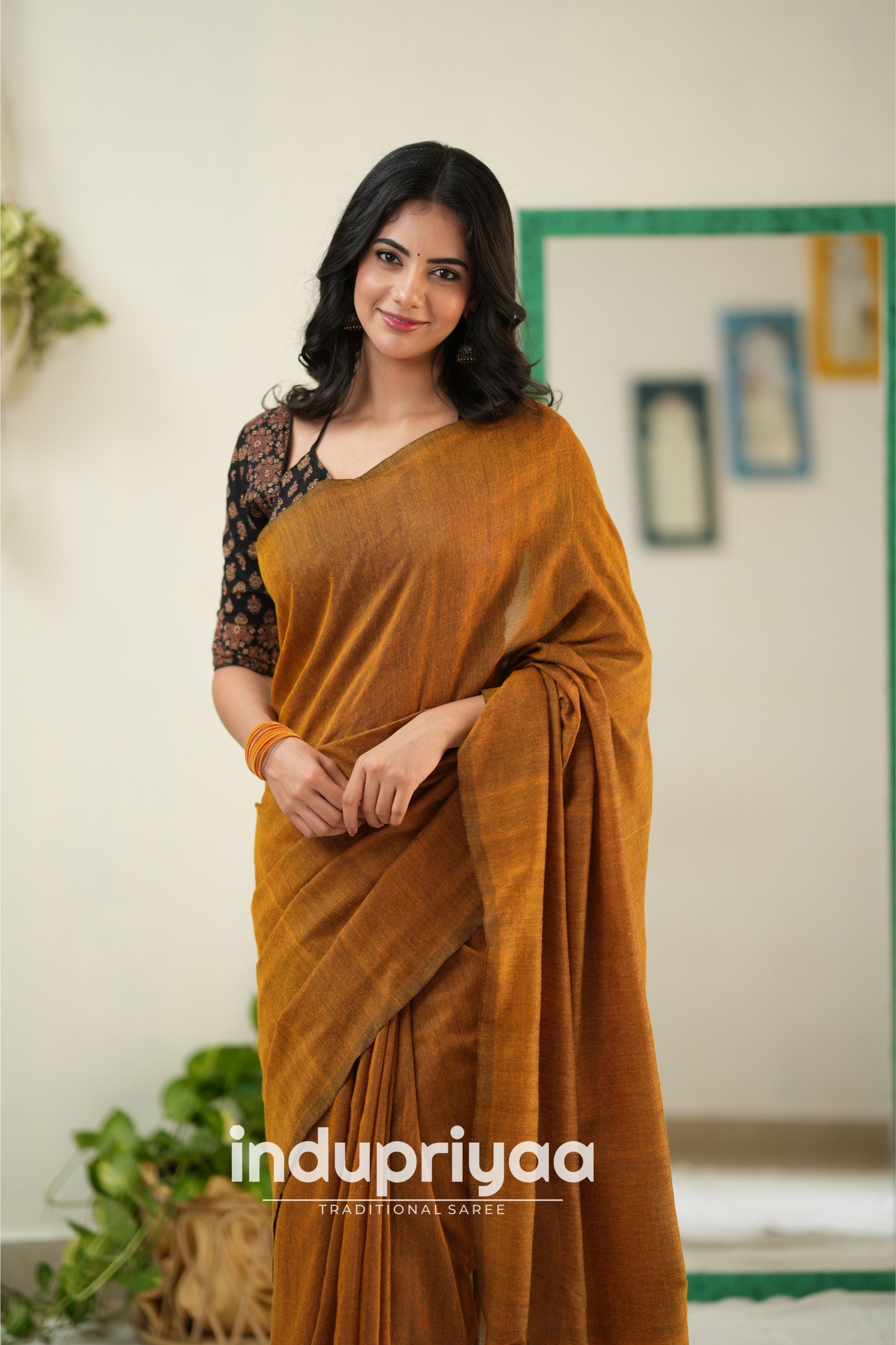 Golden Handloom Khadi Cotton Saree With Ajrakh Print Redy Made Blouse