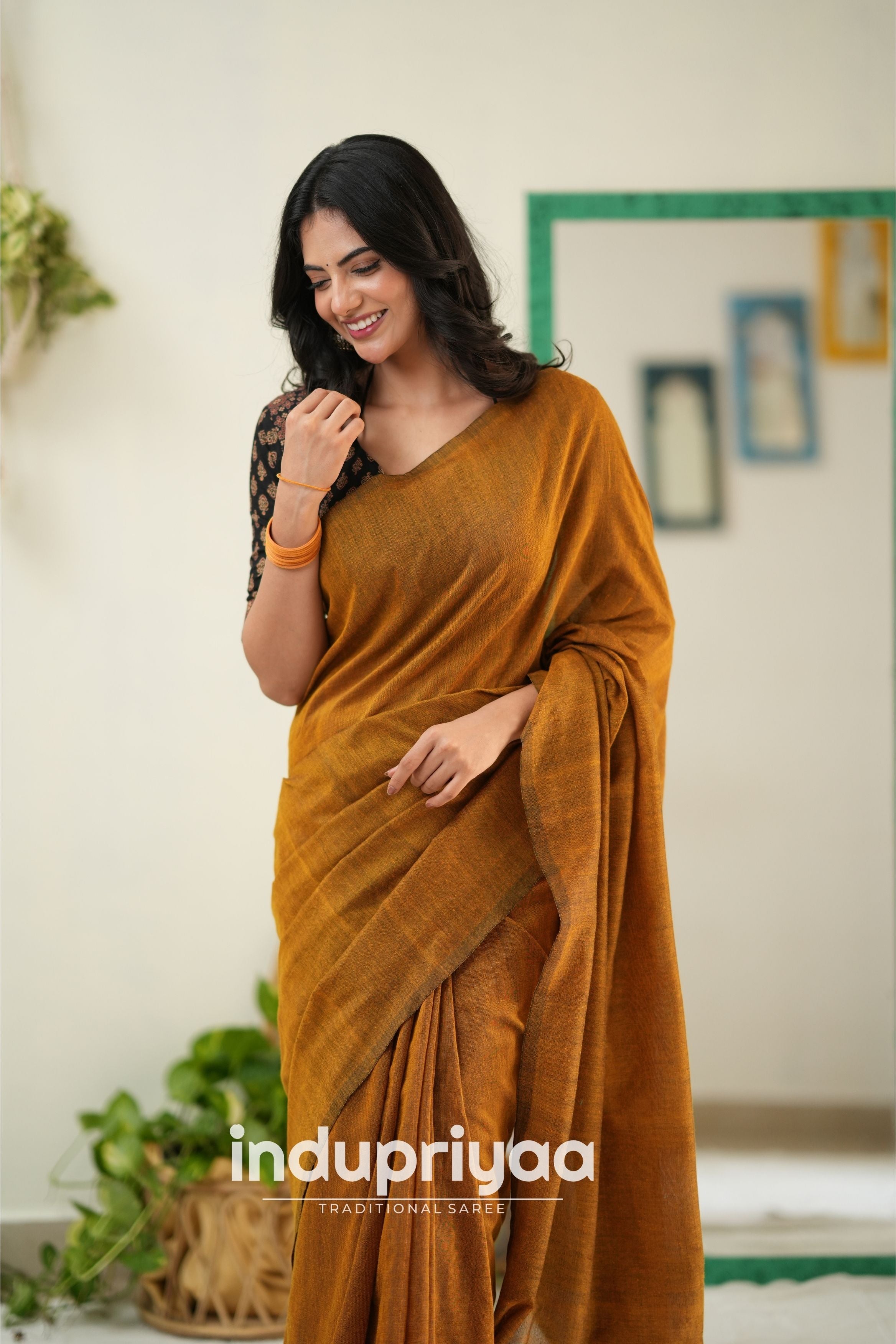 Golden Handloom Khadi Cotton Saree With Ajrakh Print Redy Made Blouse