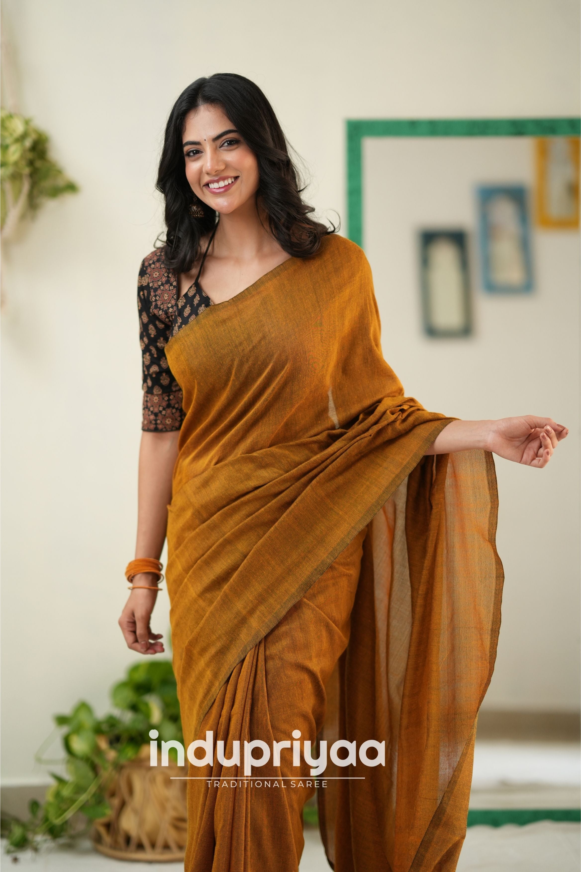 Golden Handloom Khadi Cotton Saree With Ajrakh Print Redy Made Blouse