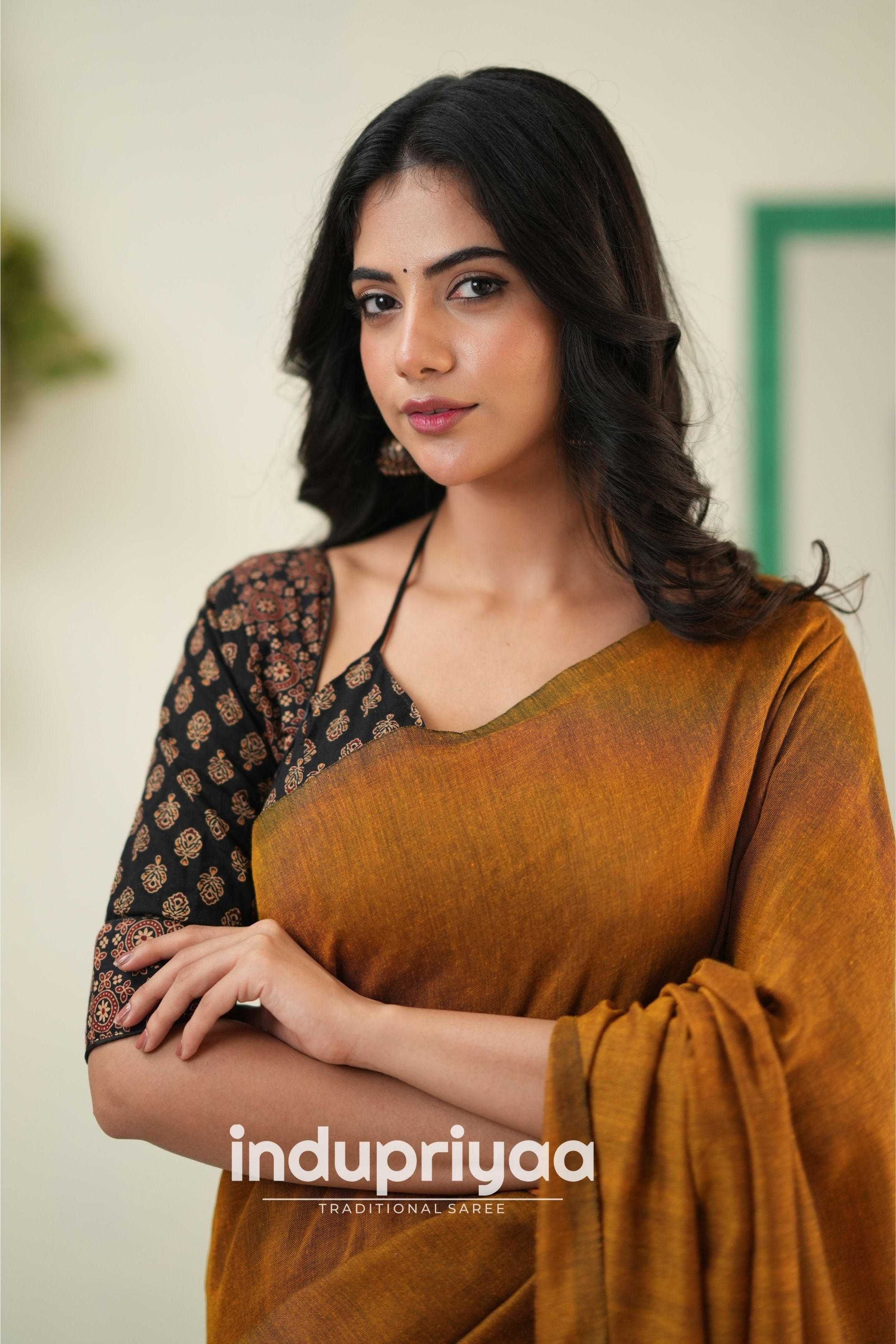 Golden Handloom Khadi Cotton Saree With Ajrakh Print Redy Made Blouse