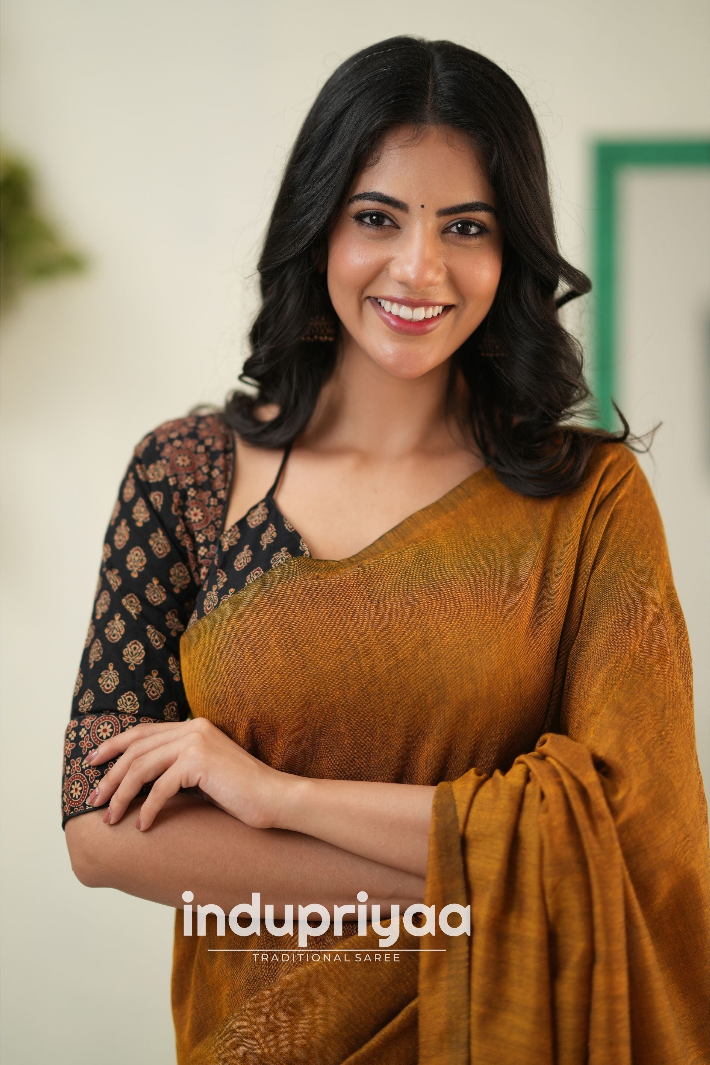 Golden Handloom Khadi Cotton Saree With Ajrakh Print Redy Made Blouse