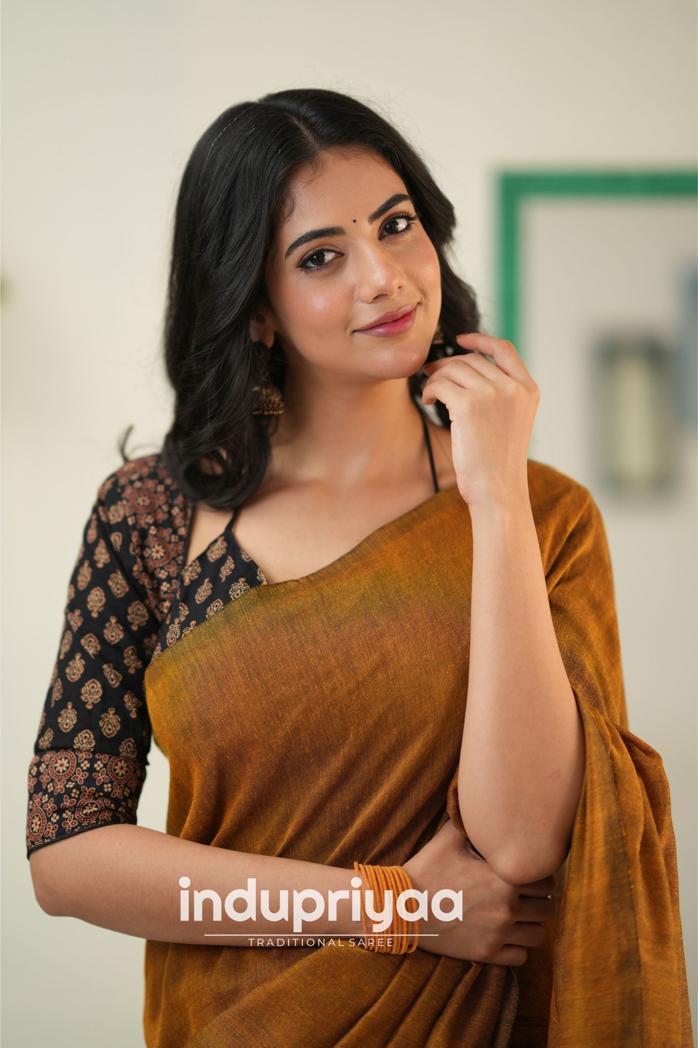 Golden Handloom Khadi Cotton Saree With Ajrakh Print Redy Made Blouse