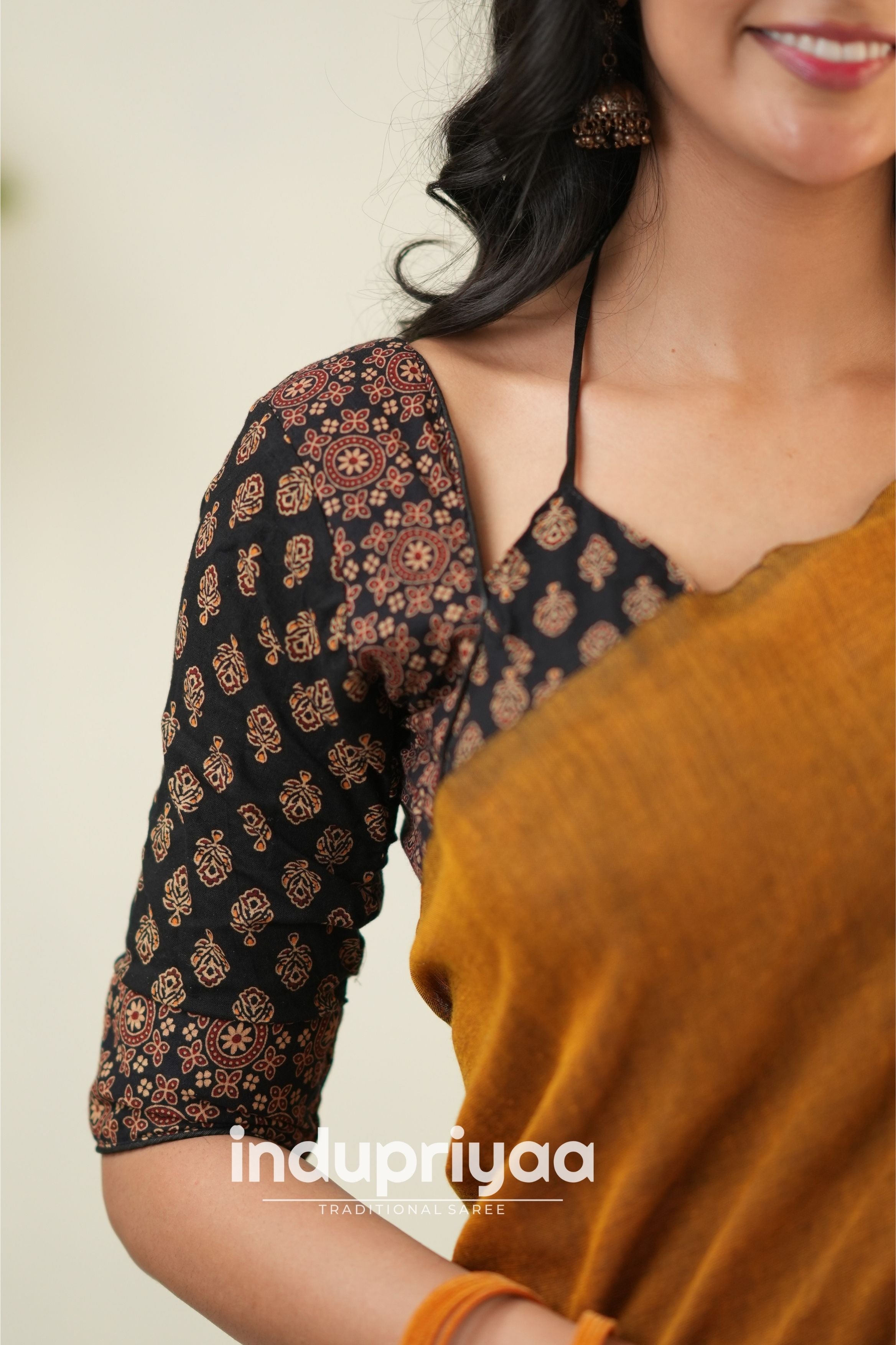 Golden Handloom Khadi Cotton Saree With Ajrakh Print Redy Made Blouse