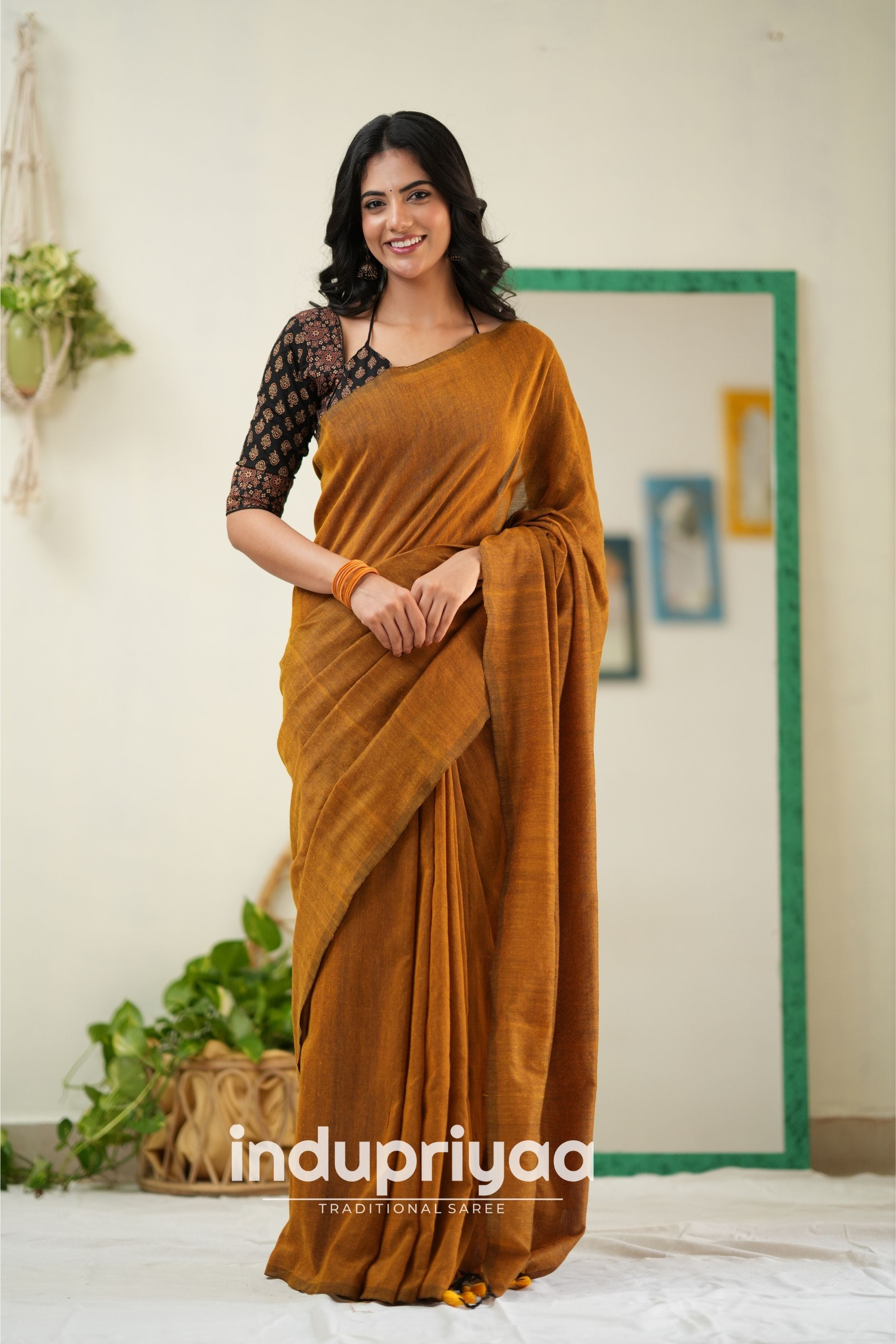 Golden Handloom Khadi Cotton Saree With Ajrakh Print Redy Made Blouse