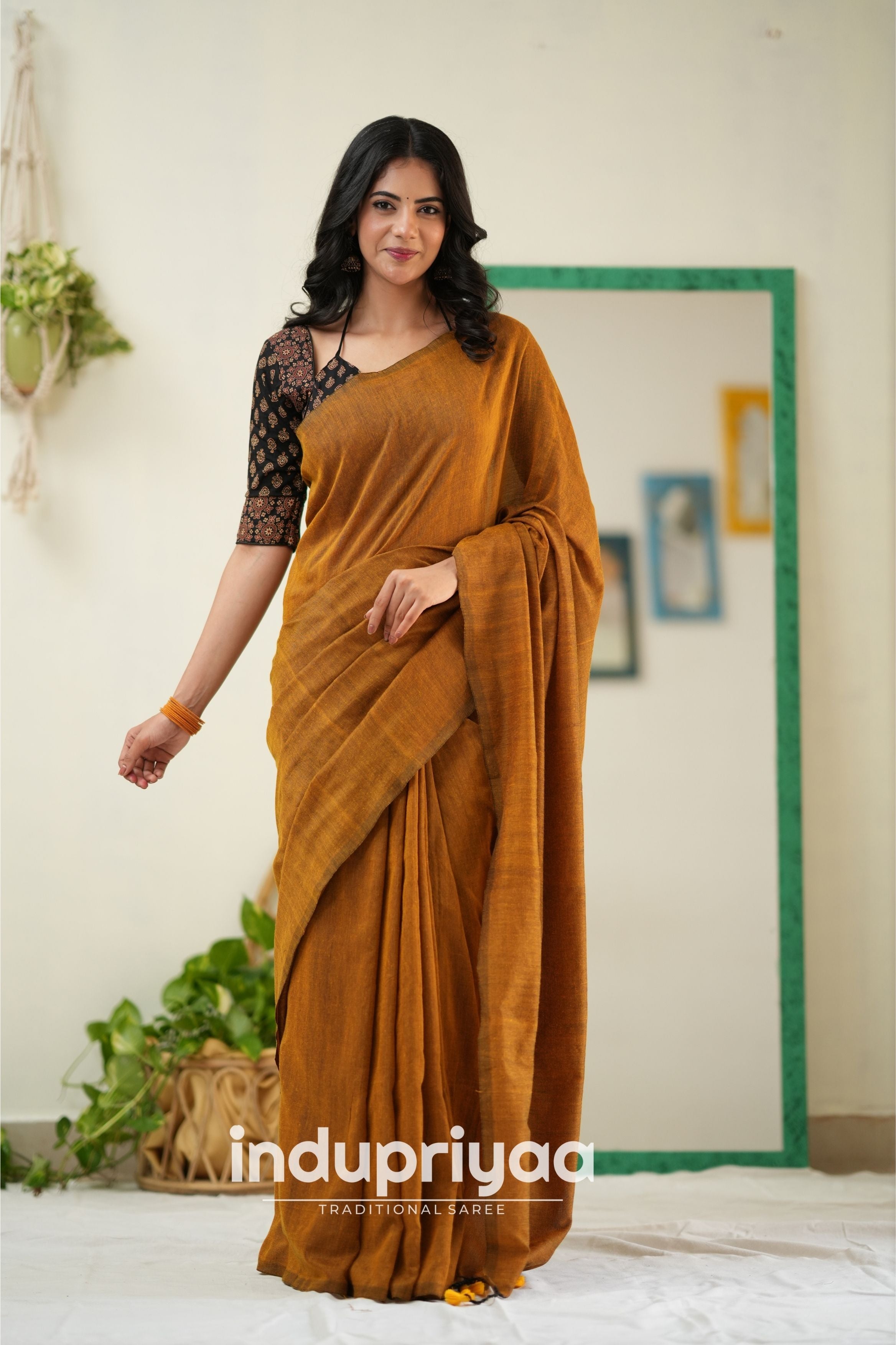 Golden Handloom Khadi Cotton Saree With Ajrakh Print Redy Made Blouse