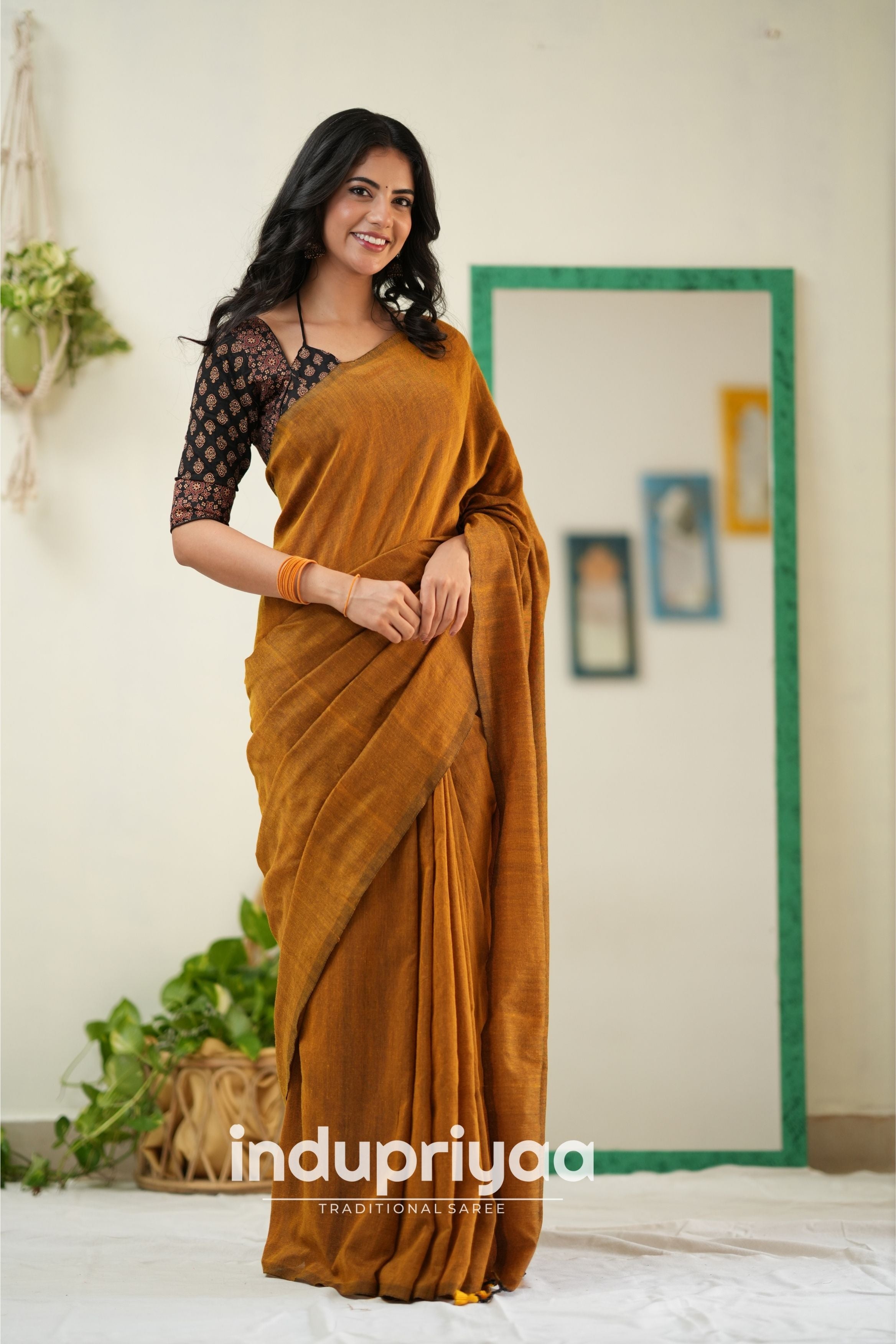 Golden Handloom Khadi Cotton Saree With Ajrakh Print Redy Made Blouse
