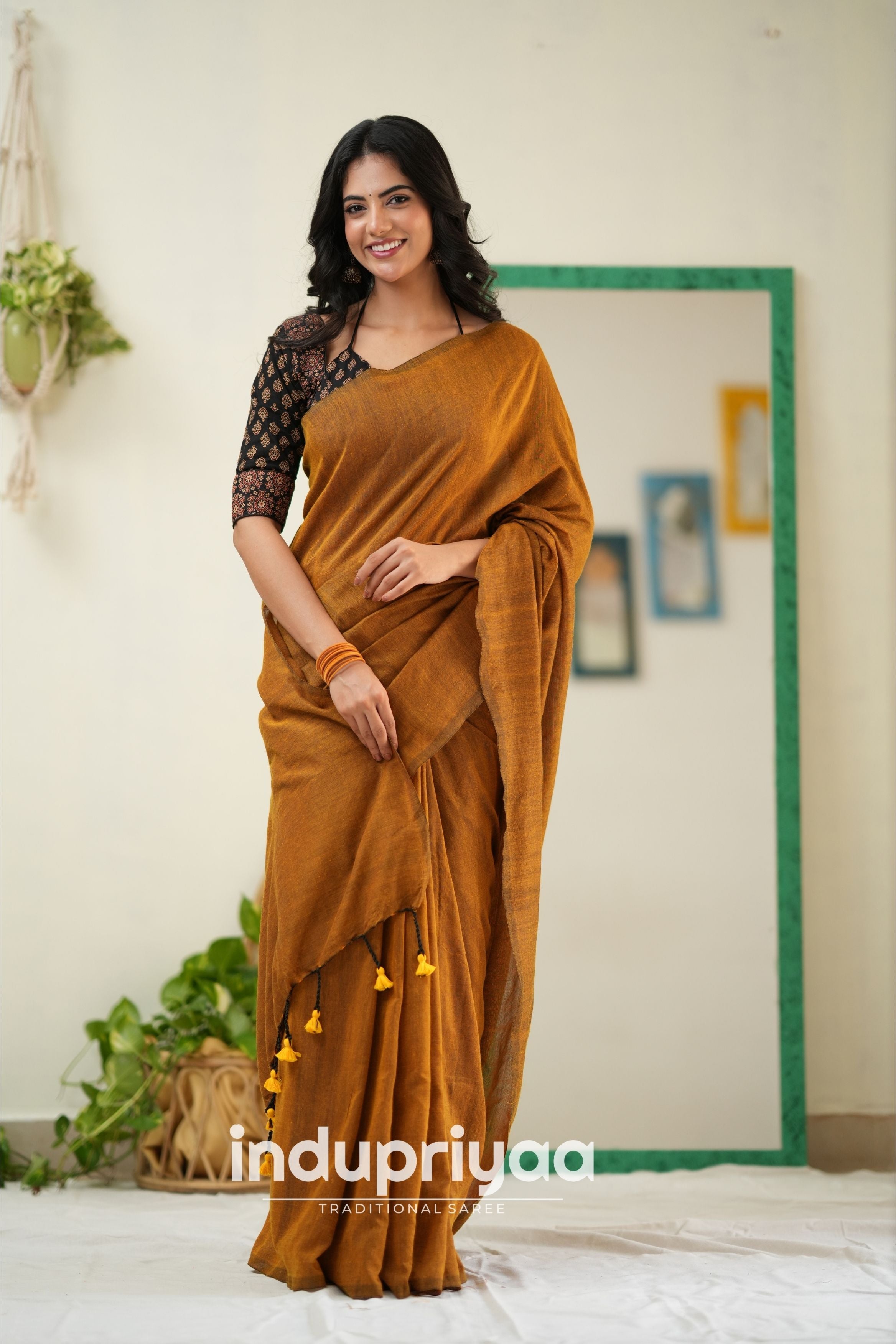 Golden Handloom Khadi Cotton Saree With Ajrakh Print Redy Made Blouse