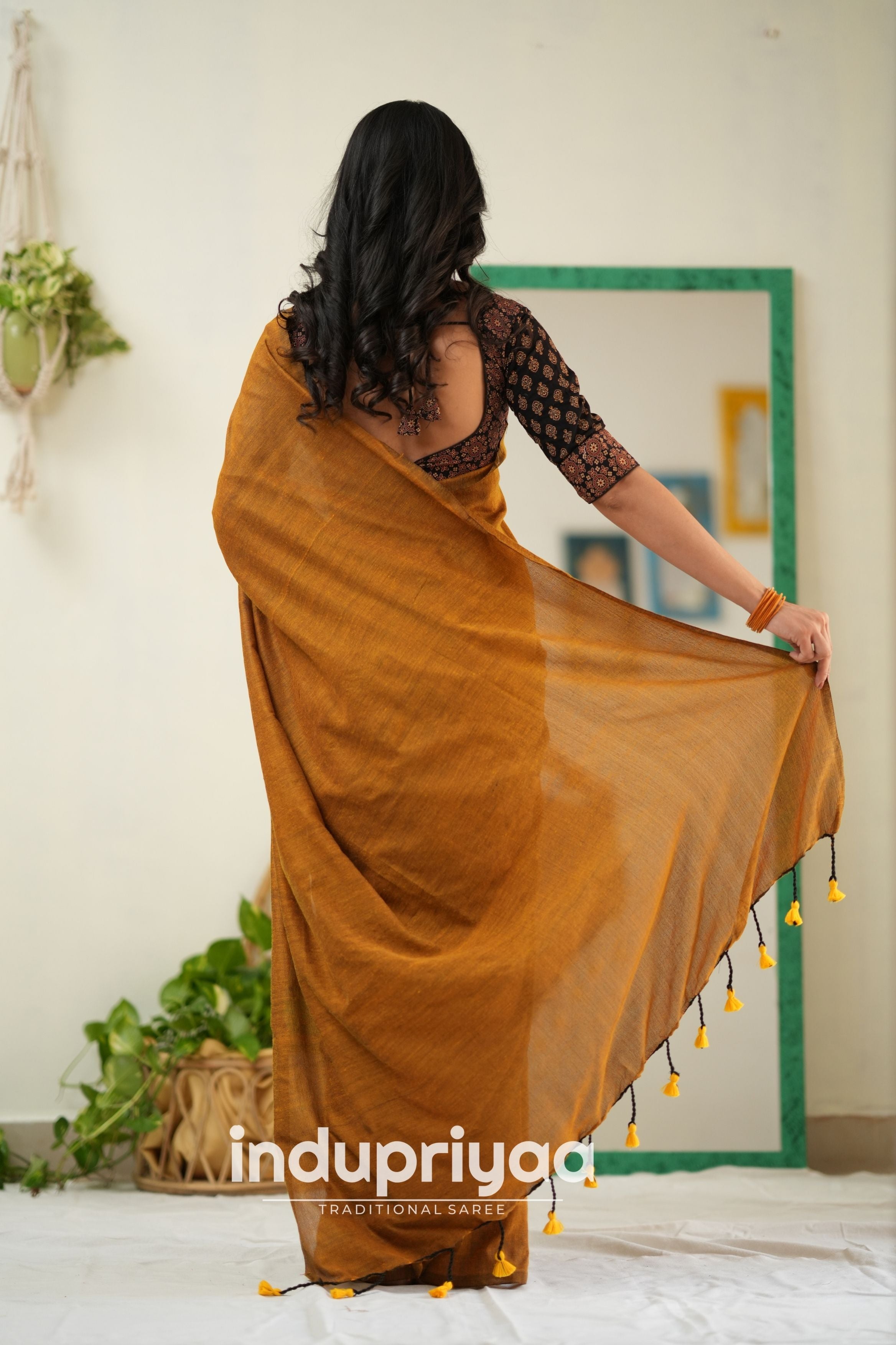 Golden Handloom Khadi Cotton Saree With Ajrakh Print Redy Made Blouse