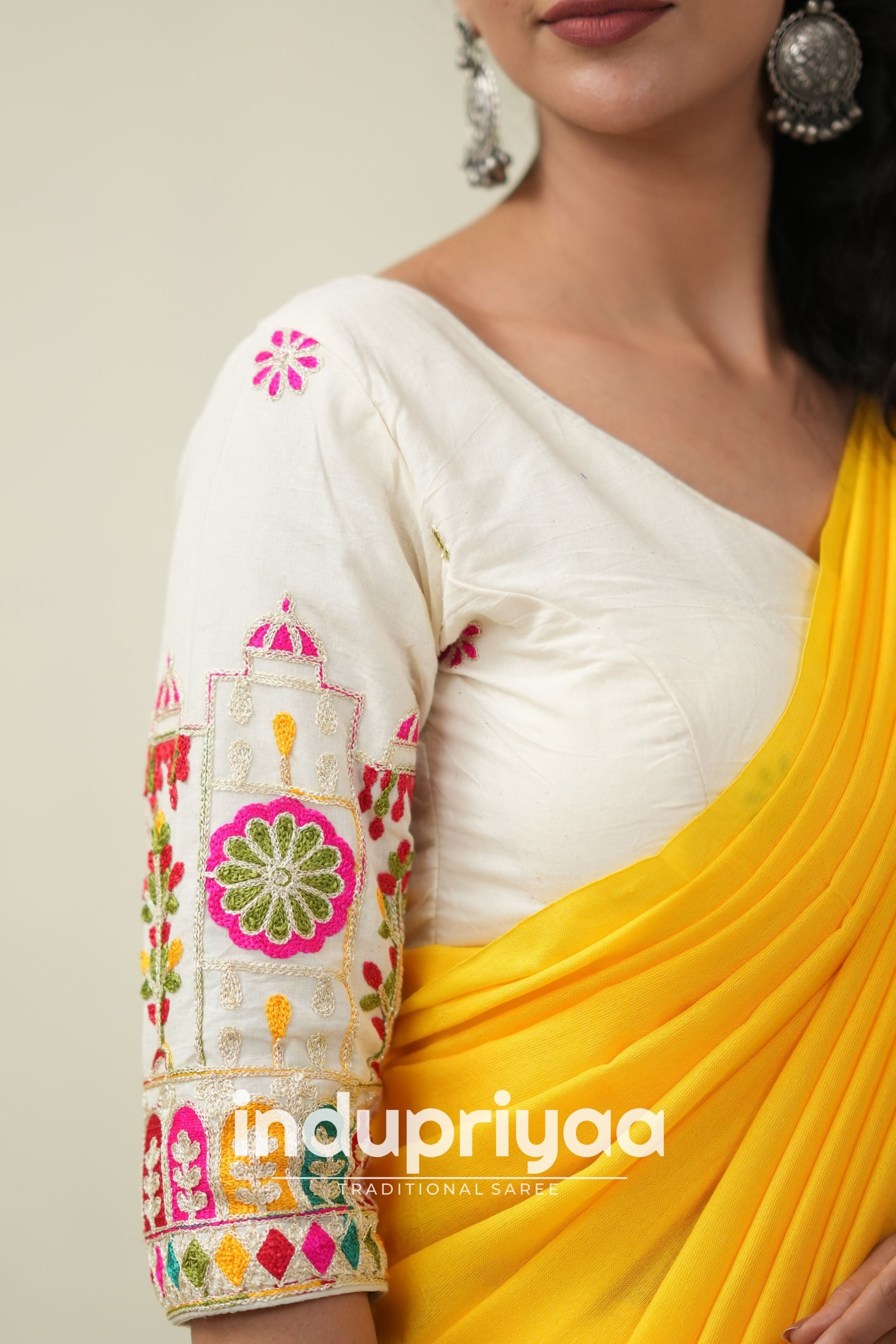 Yellow Handloom Khadi Cotton Saree With  Embrodery Work Redy Made Blouse