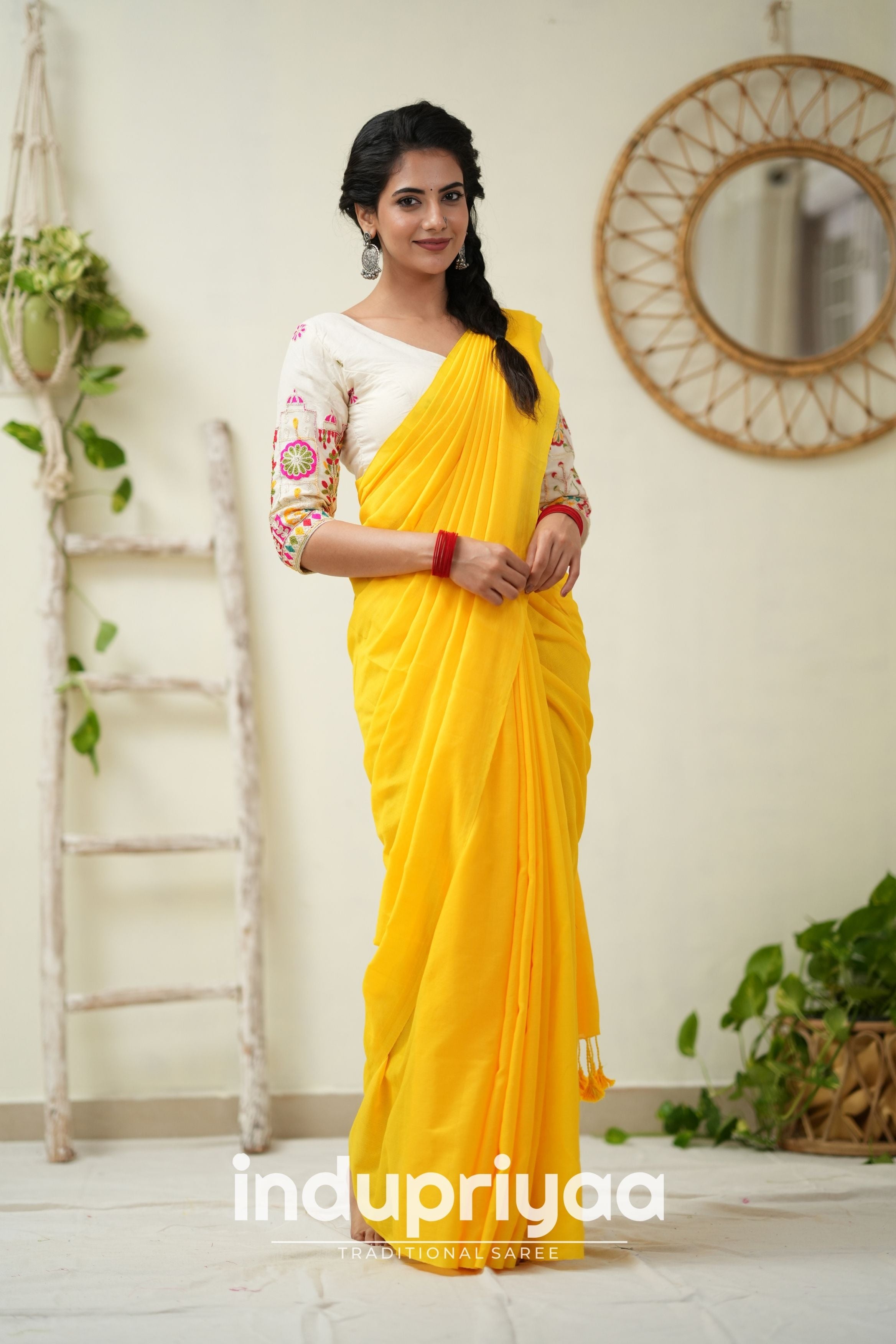 Yellow Handloom Khadi Cotton Saree With  Embrodery Work Redy Made Blouse