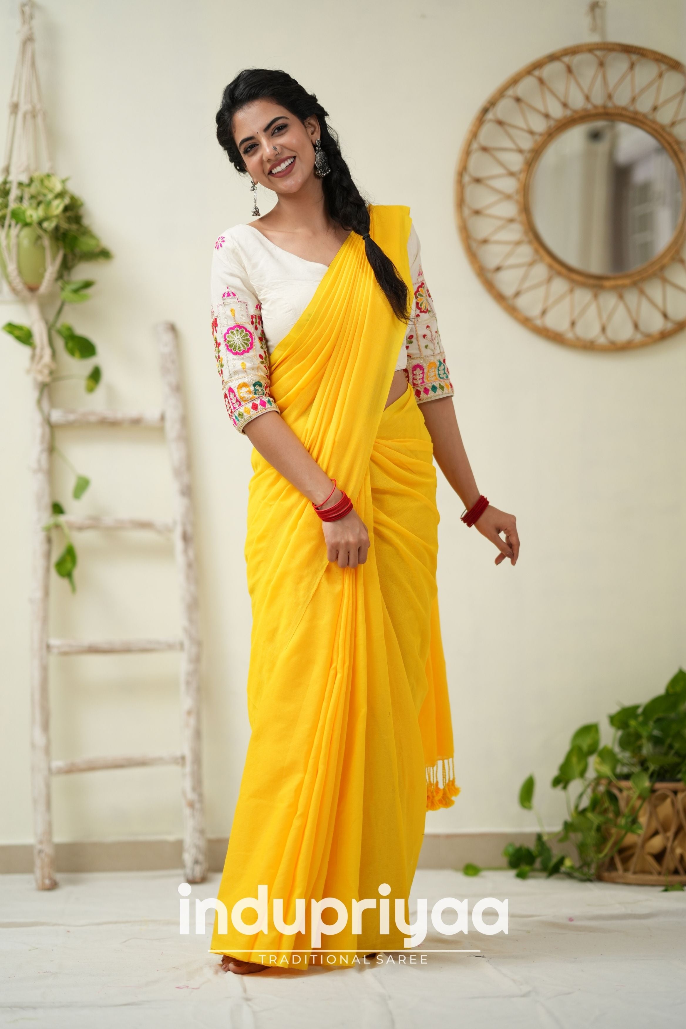 Yellow Handloom Khadi Cotton Saree With  Embrodery Work Redy Made Blouse