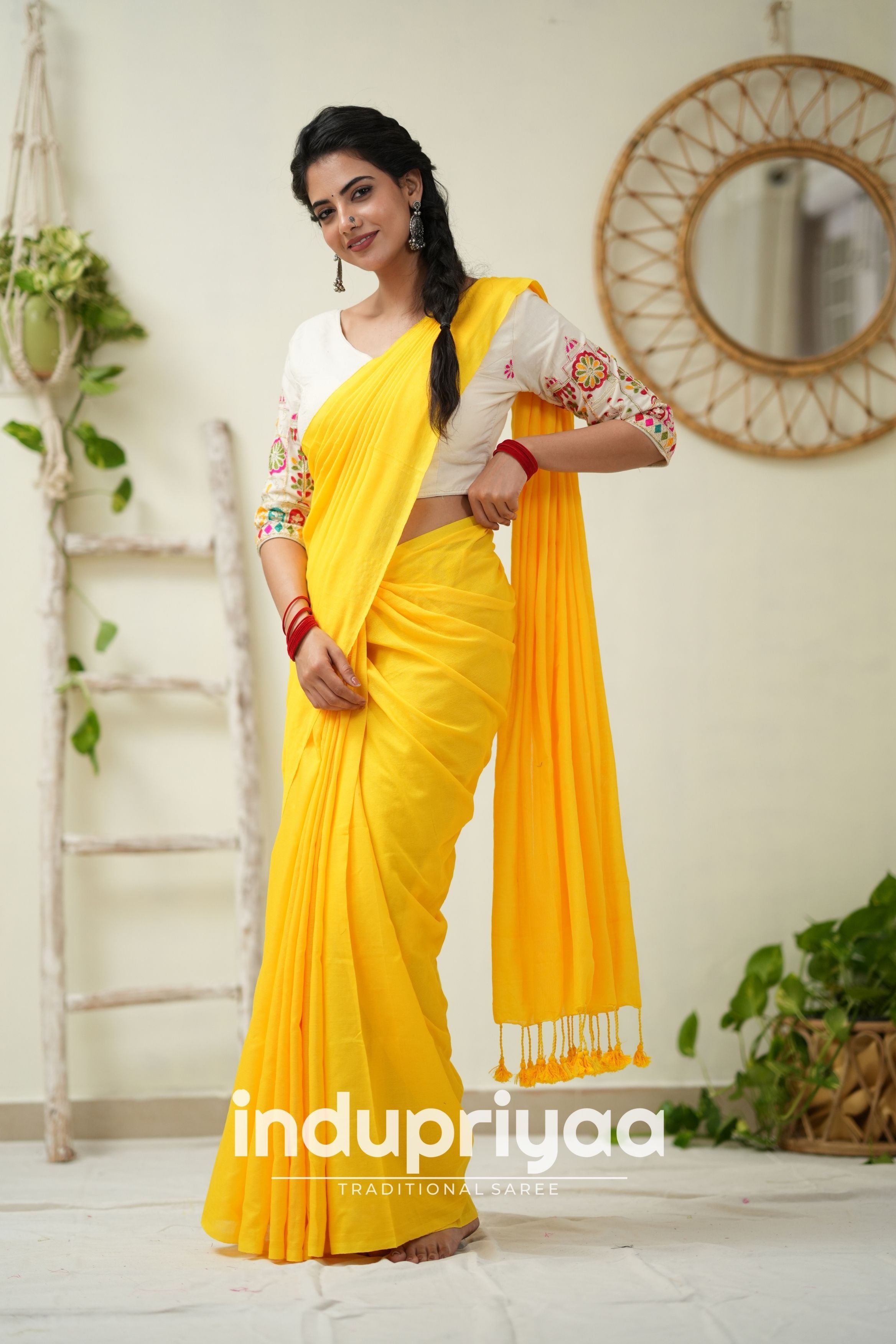 Yellow Handloom Khadi Cotton Saree With  Embrodery Work Redy Made Blouse