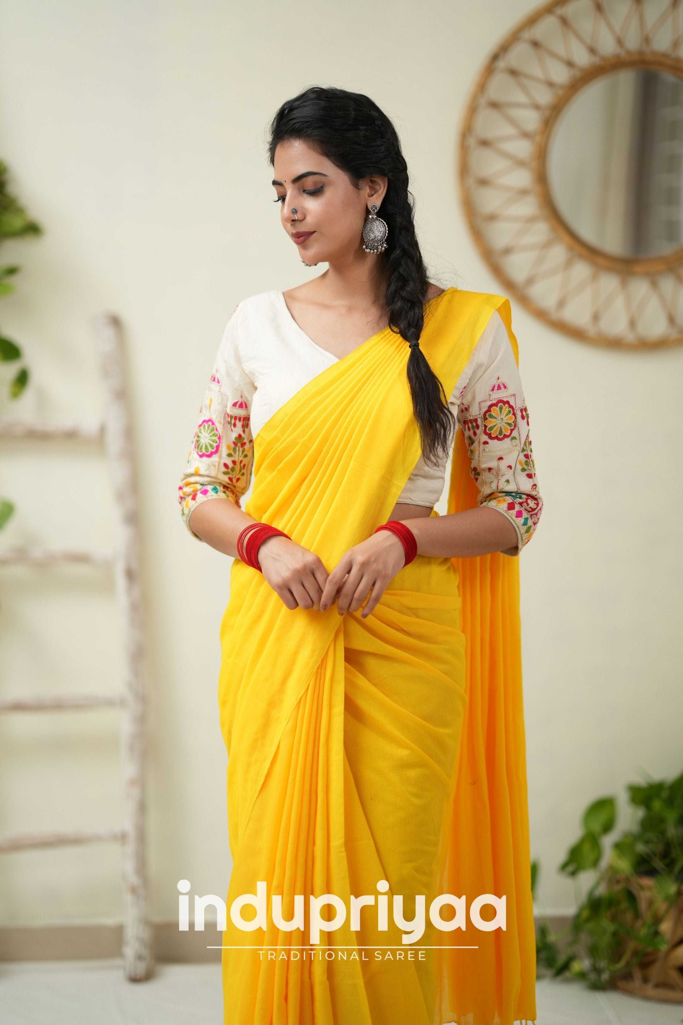Yellow Handloom Khadi Cotton Saree With  Embrodery Work Redy Made Blouse