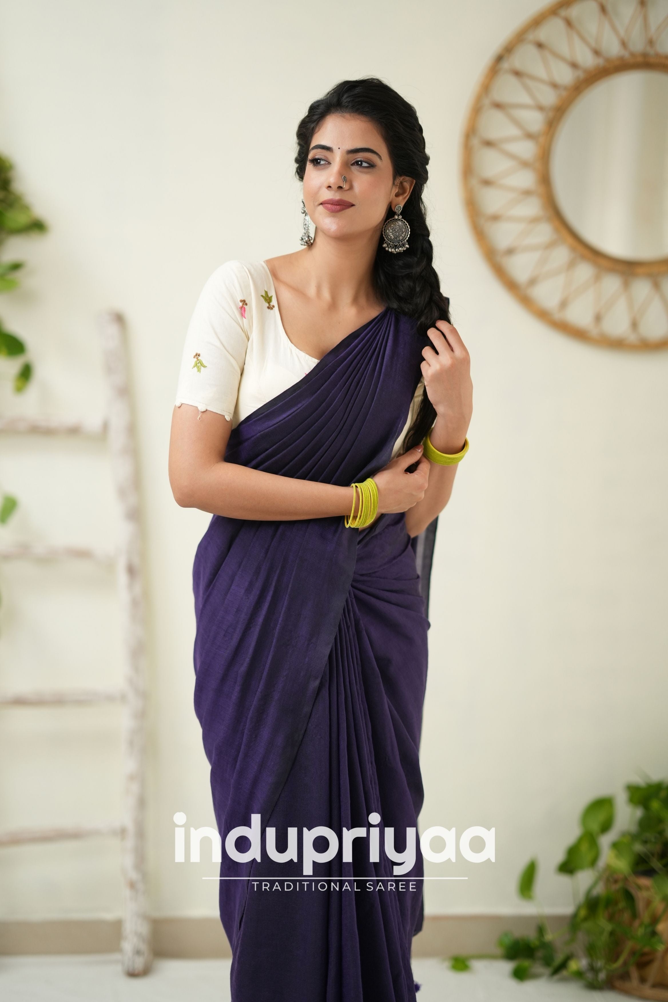 Purple Handloom Khadi Cotton Saree With  Embrodery Work Redy Made Blouse